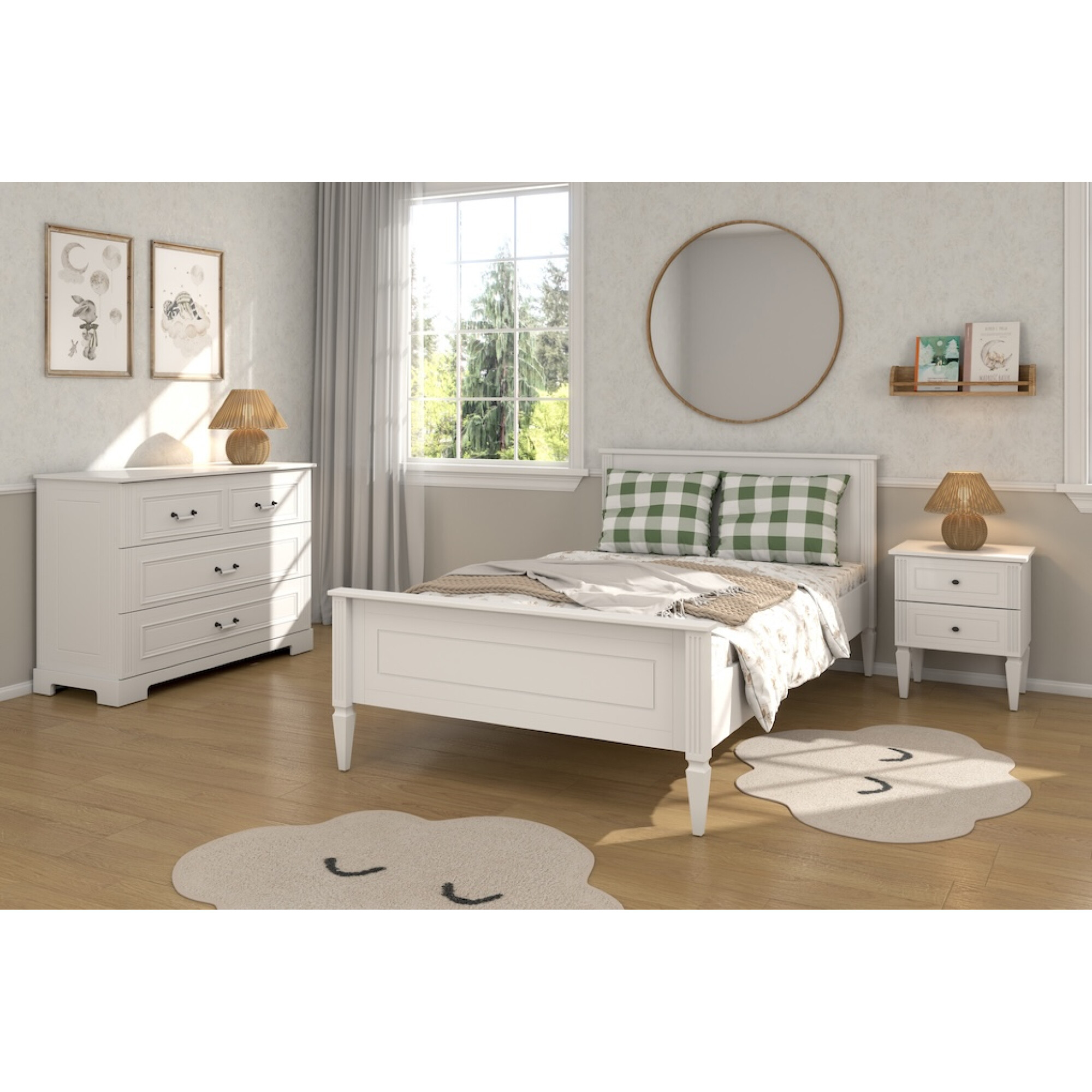 Noptiera pentru pat, 2 sertare, MDF, picioare de lemn, Alb, 59x51 cm, stil clasic romantic, colectia INES