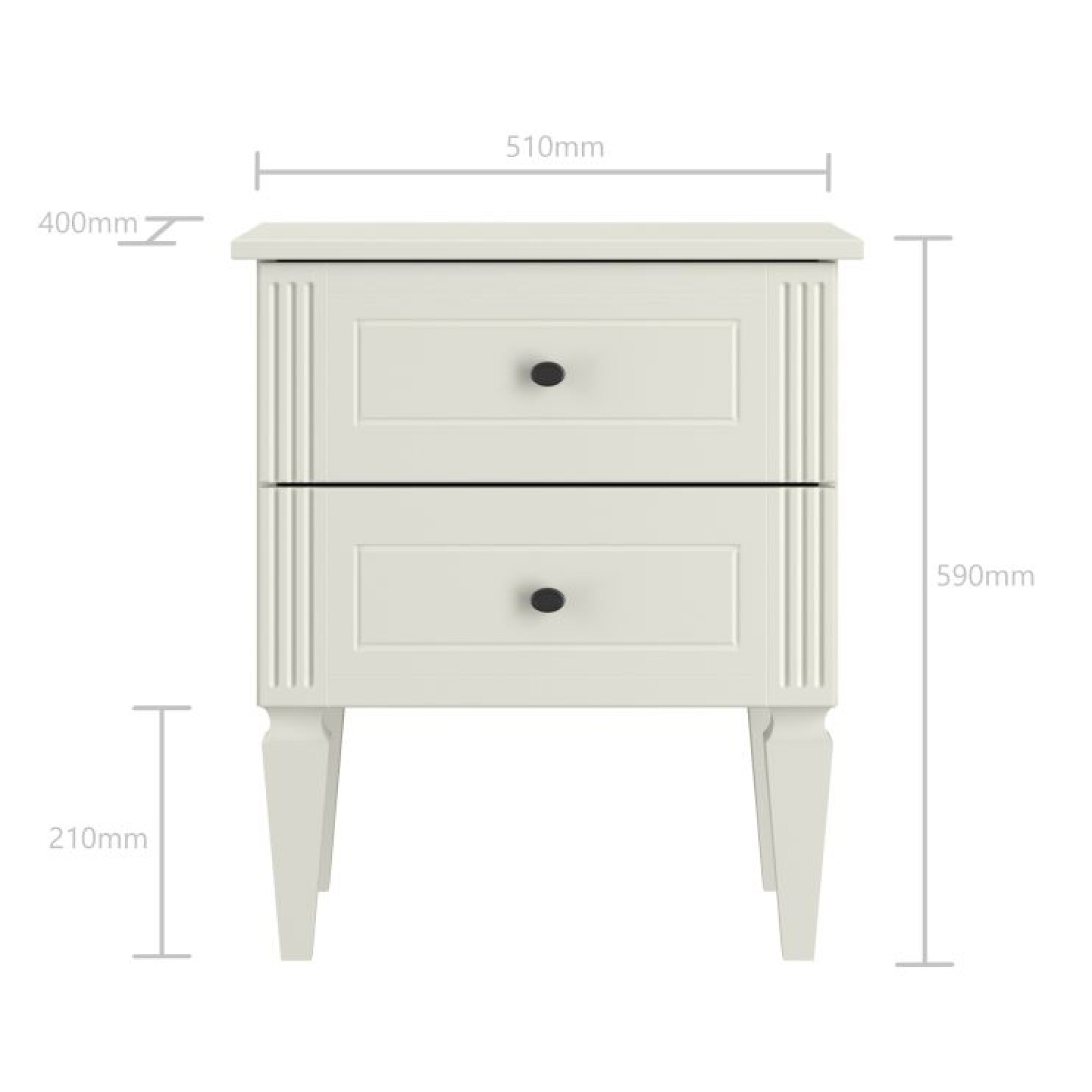Noptiera pentru pat, 2 sertare, MDF, picioare de lemn, Alb, 59x51 cm, stil clasic romantic, colectia INES