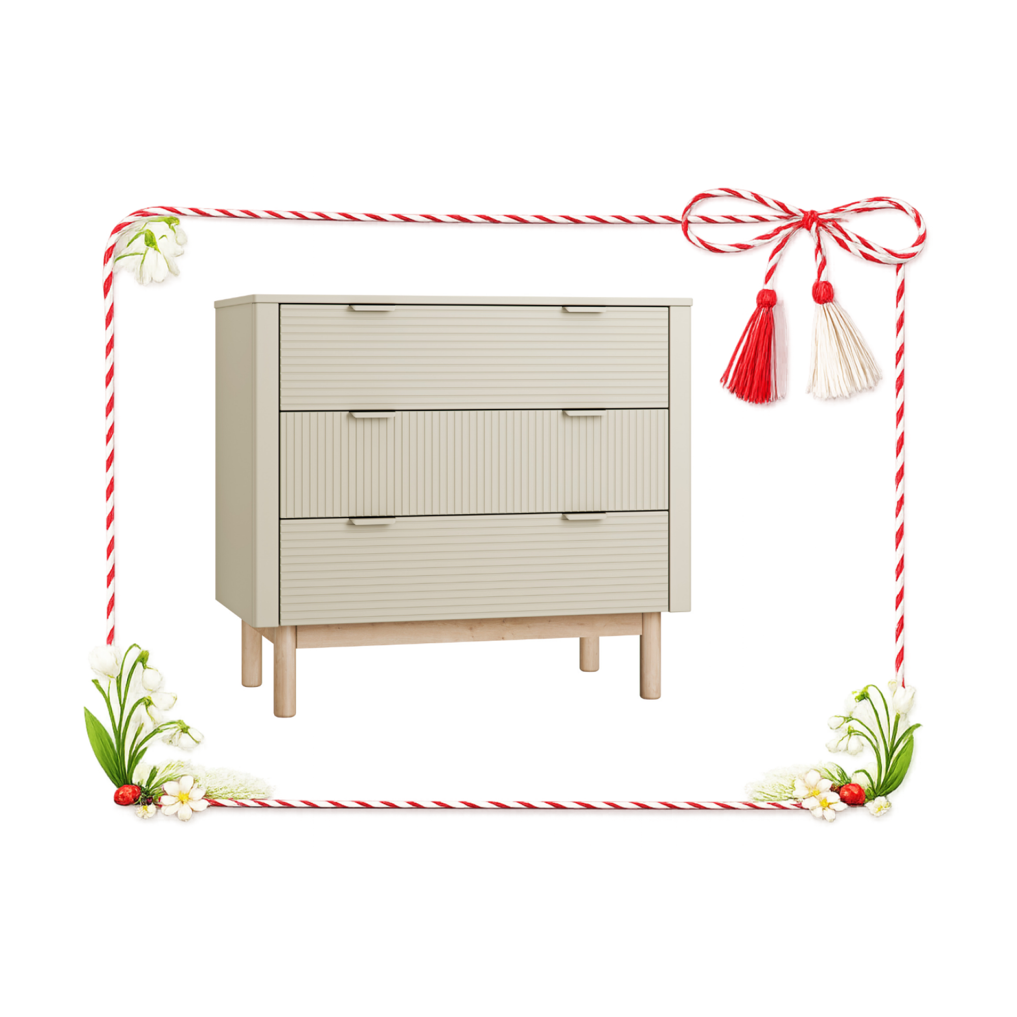 Comoda 3 sertare  din lemn masiv / MDF, colectia Miloo, champagne