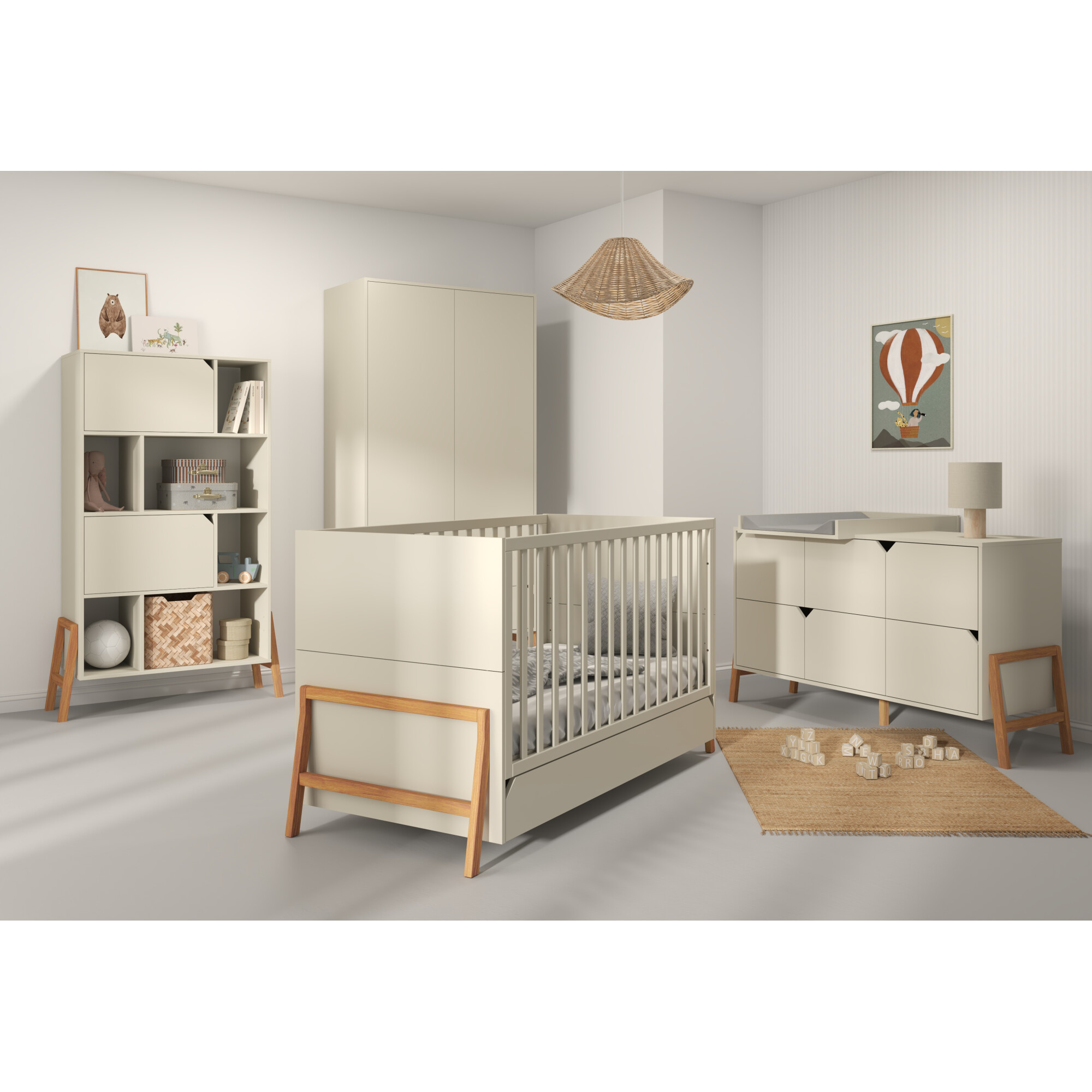 Biblioteca 4 rafturi, 2 dulapioare, PAL, picioare de lemn stejar, Latte, 167x103 cm, stil scandinav, colectia LOTTA