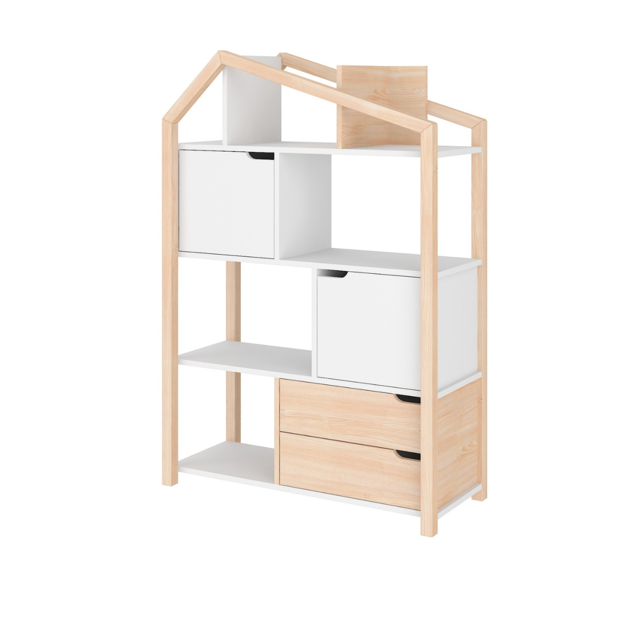 Biblioteca Montessori Kaya, tip casuta, cu 3 rafturi, 2 dulapioare, 2 sertare, lemn de pin, ALB, colectia TATAM, 130x90 cm