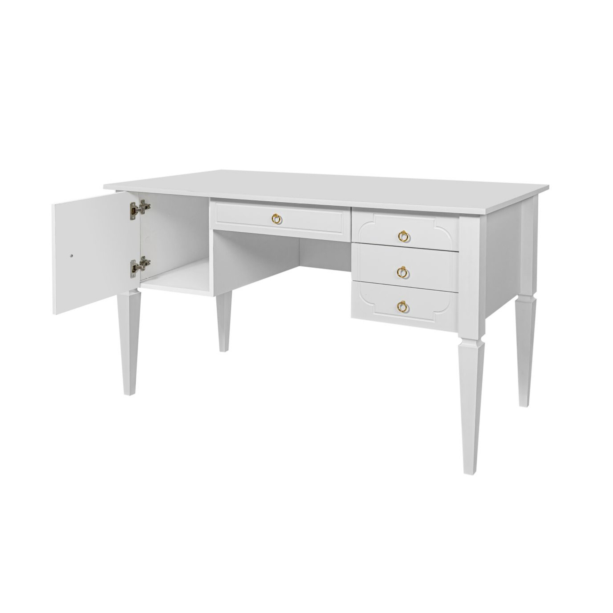 Birou Alb Elegant, blat MDF 60x132 cm, picioare de Lemn, 4 sertare, dulapior, stil clasic-romantic, colectia Royal 