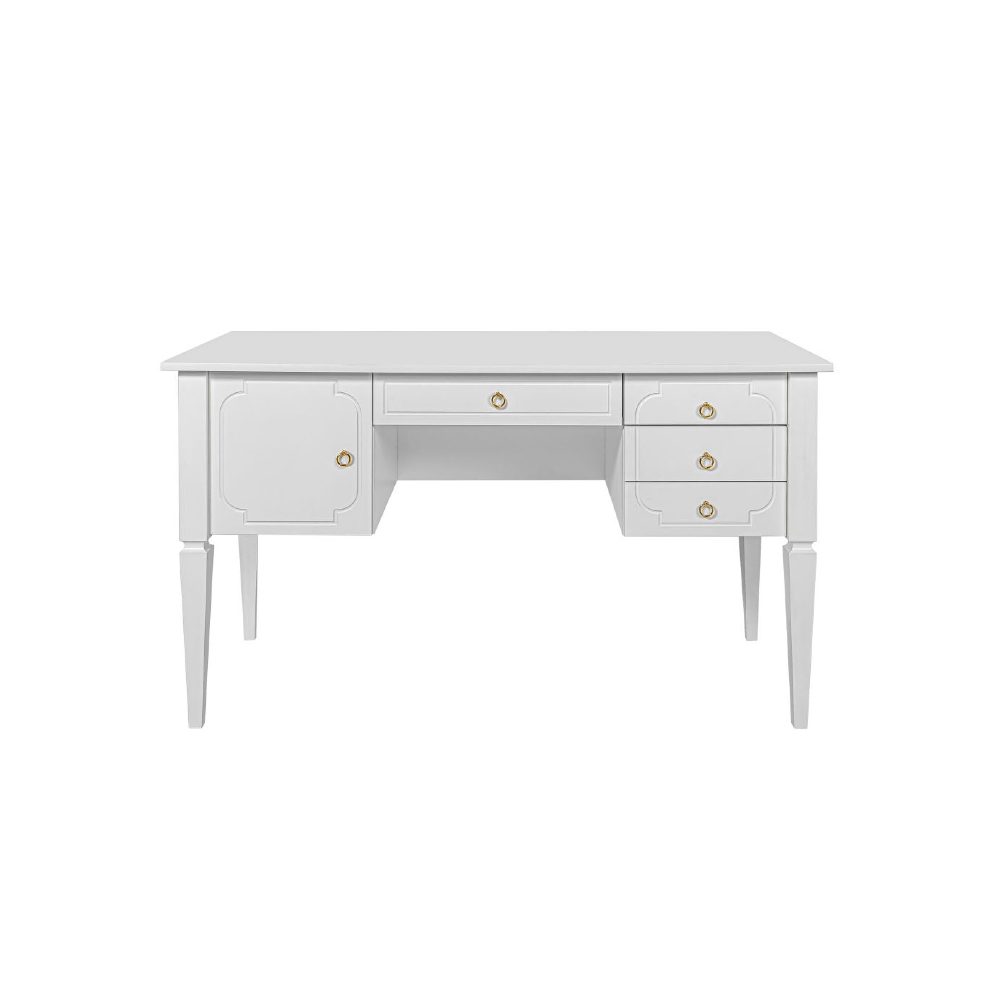 Birou Alb Elegant, blat MDF 60x132 cm, picioare de Lemn, 4 sertare, dulapior, stil clasic-romantic, colectia Royal 