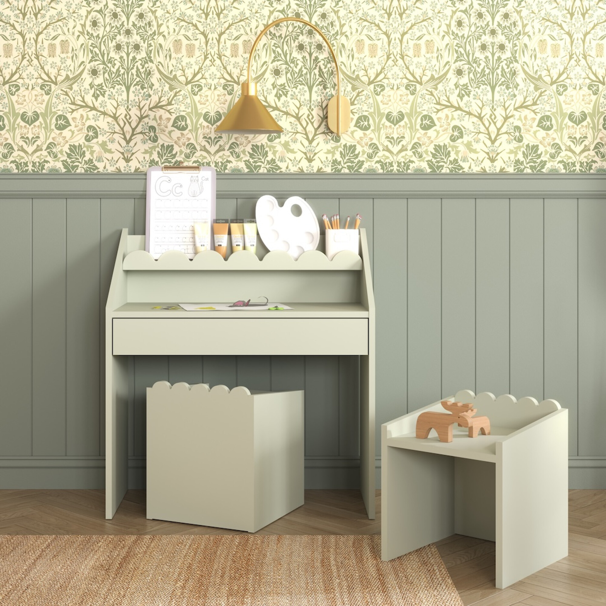 Birou Montessori compact Book Nook sage pentru copii de pana la 7 ani
