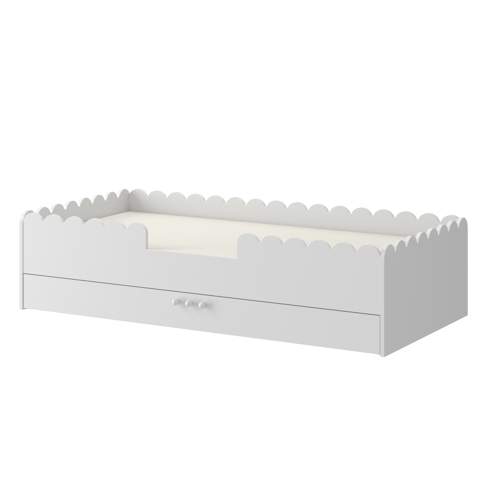 Pat Montessori 80x160, ALB, MDF si lemn masiv, cu bariere de protectie si sertar colectia Book Nook