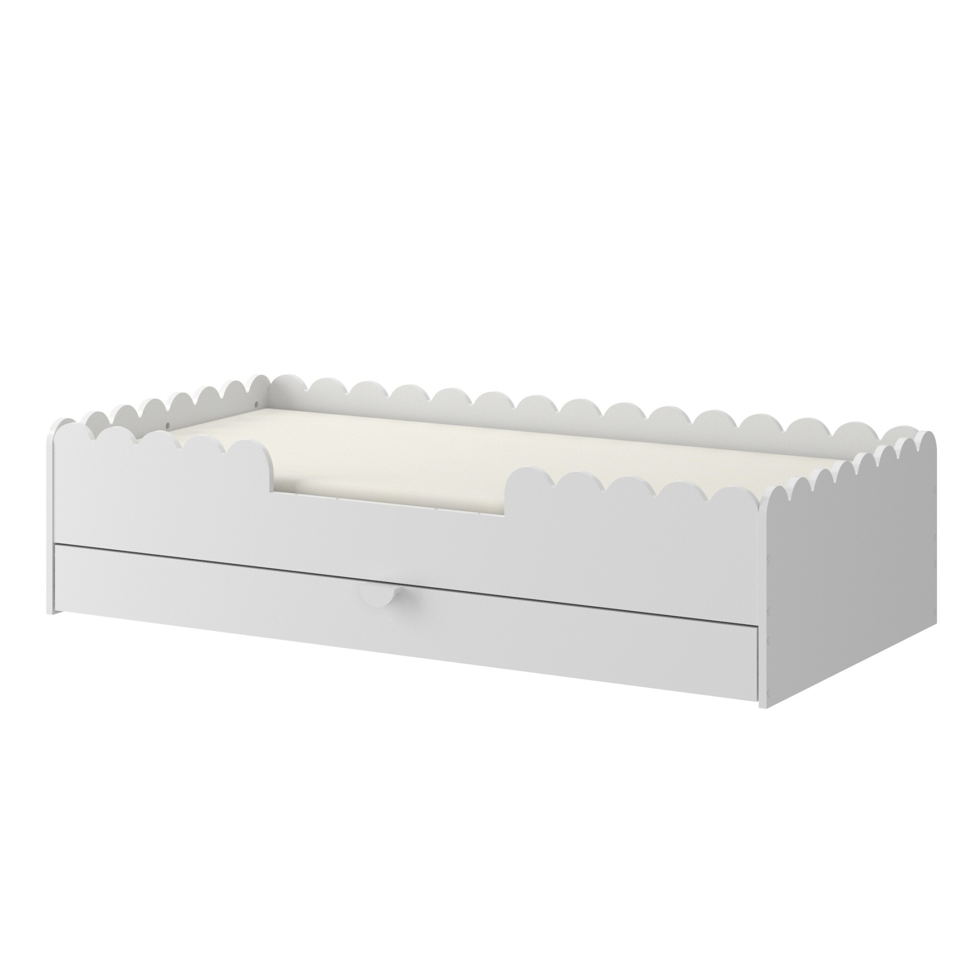 Pat Montessori 80x160, ALB, MDF si lemn masiv, cu bariere de protectie si sertar colectia Book Nook