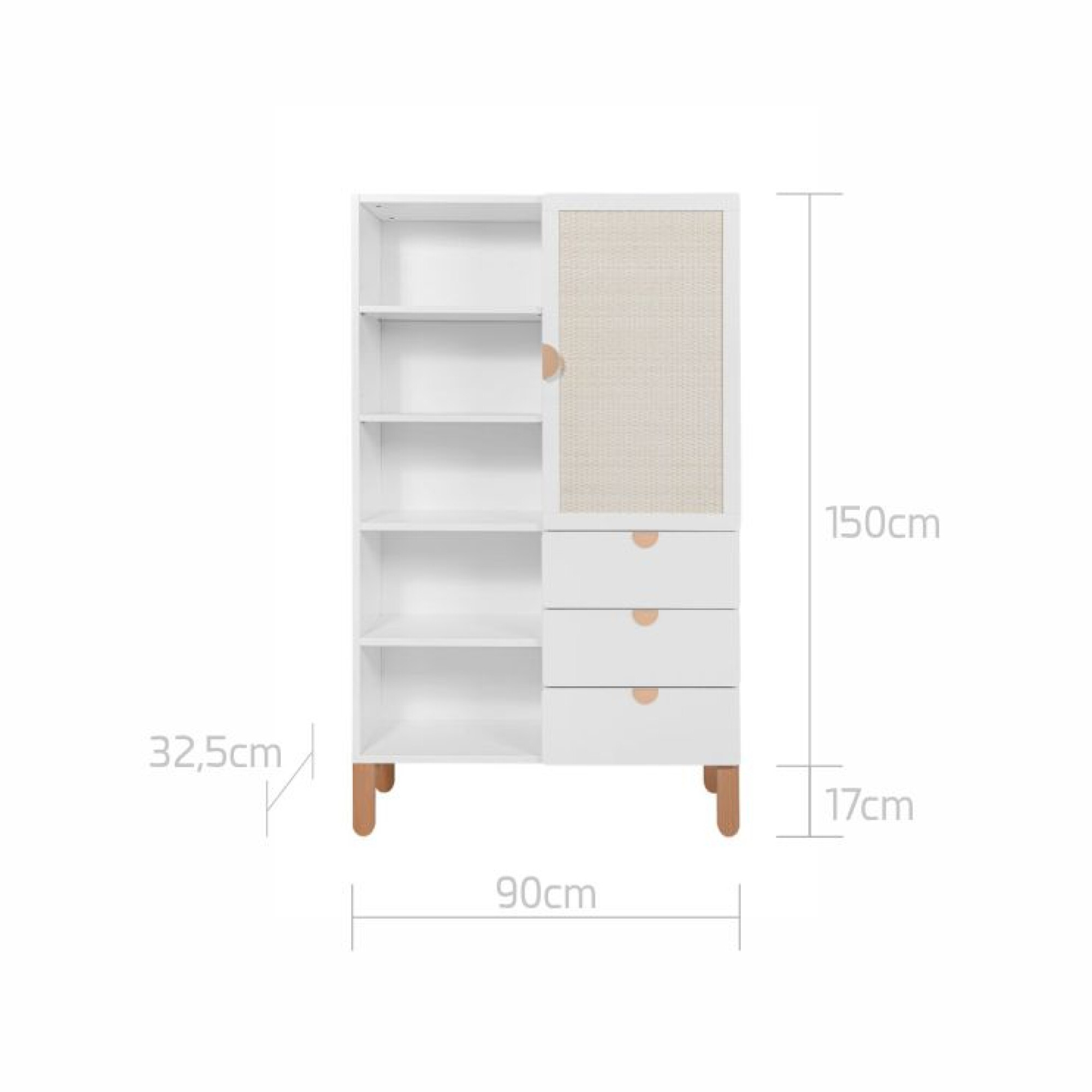 Biblioteca 5 rafturi cu usa si 3 sertare, MDF/lemn de fag, stil Scandinav, Ratan