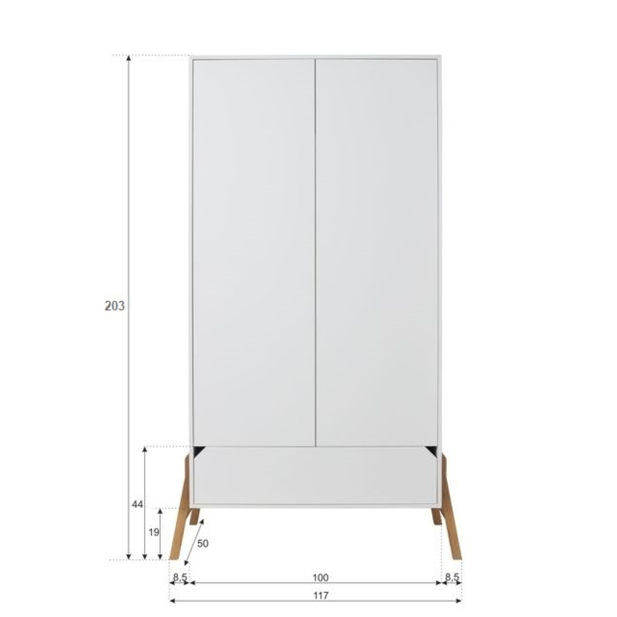 Dulap 2 usi, 1 sertar, PAL, picioare lemn de stejar, Latte, stil scandinav, 200x100 cm, colectia LOTTA
