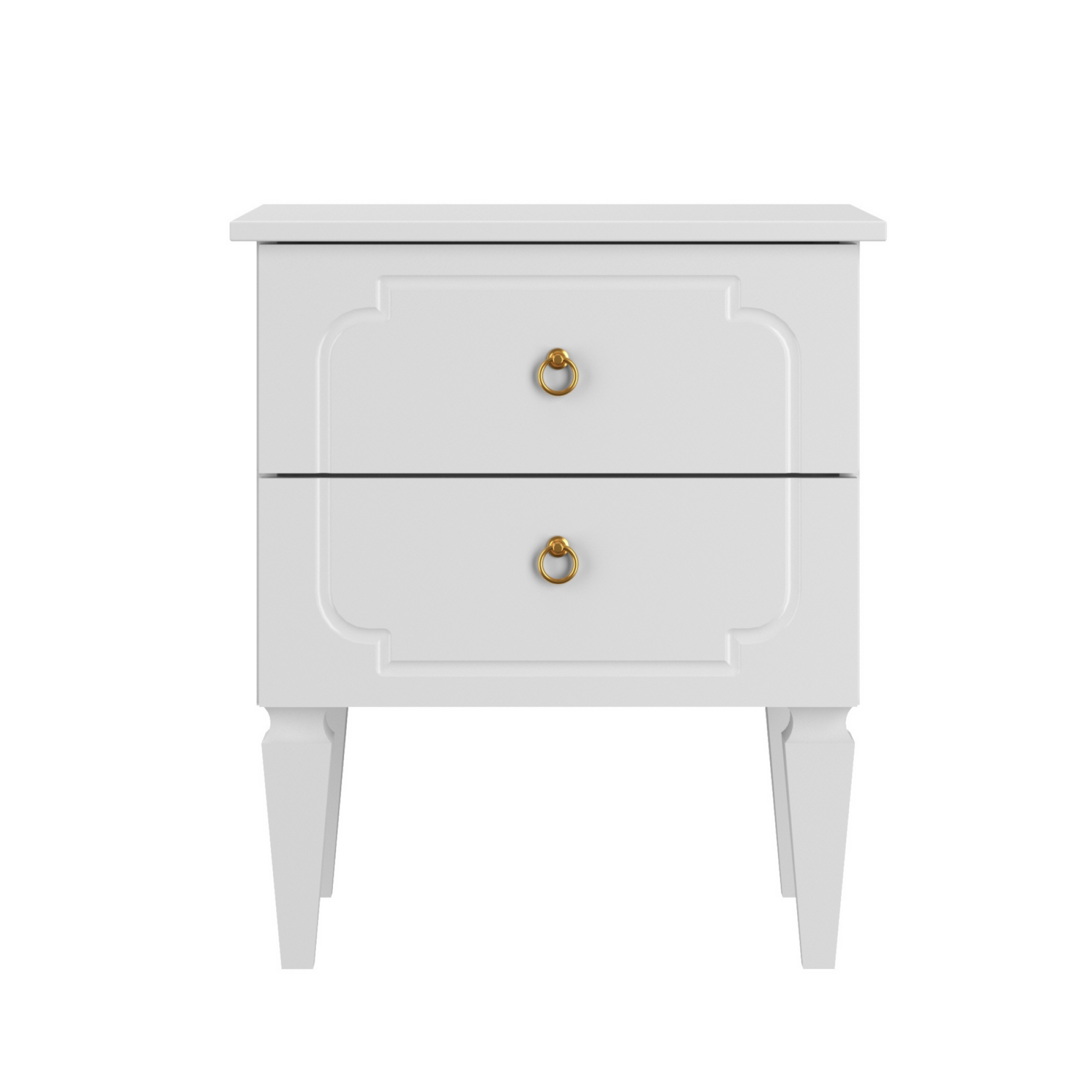 Noptiera Royal Alb, 2 Sertare, MDF alb, picioare din Lemn de Fag, 59x51x40 cm, colectia Royal