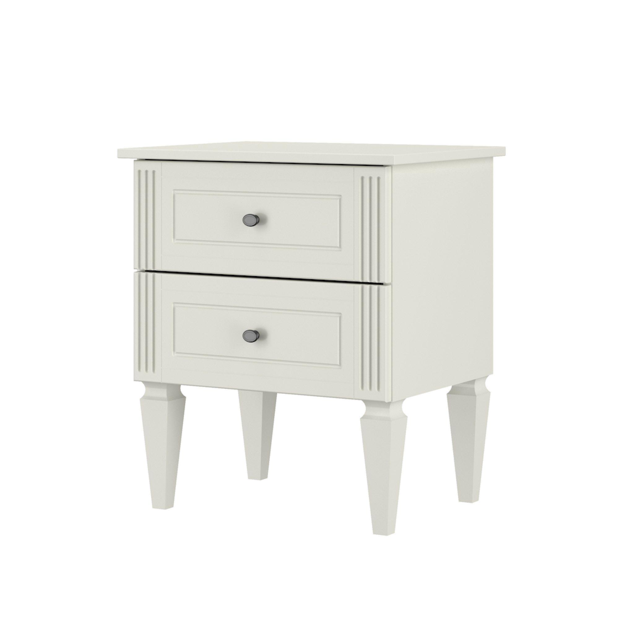 Noptiera pentru pat, 2 sertare, MDF, picioare de lemn, Alb, 59x51 cm, stil clasic romantic, colectia INES