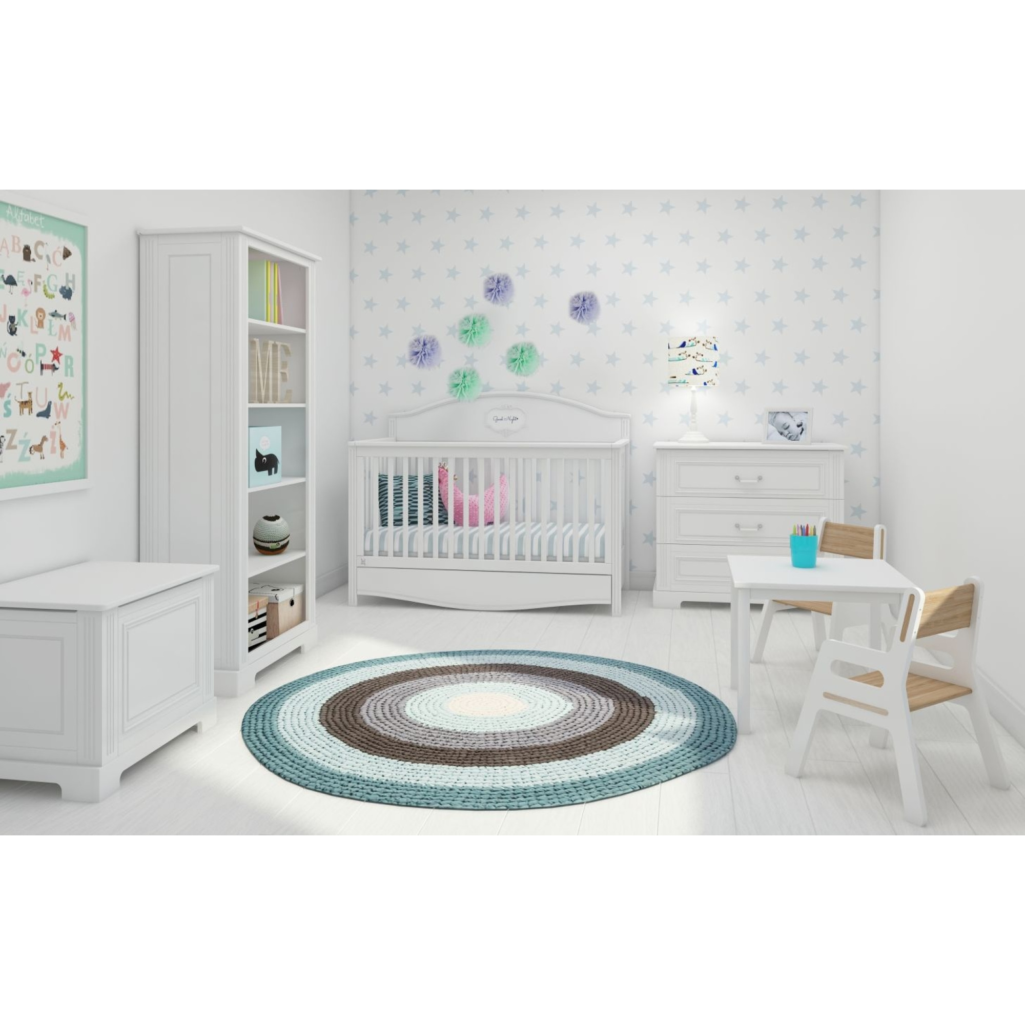Biblioteca 5 rafturi, MDF, Alb, stil clasic-romantic, 180x80 cm, colectia INES