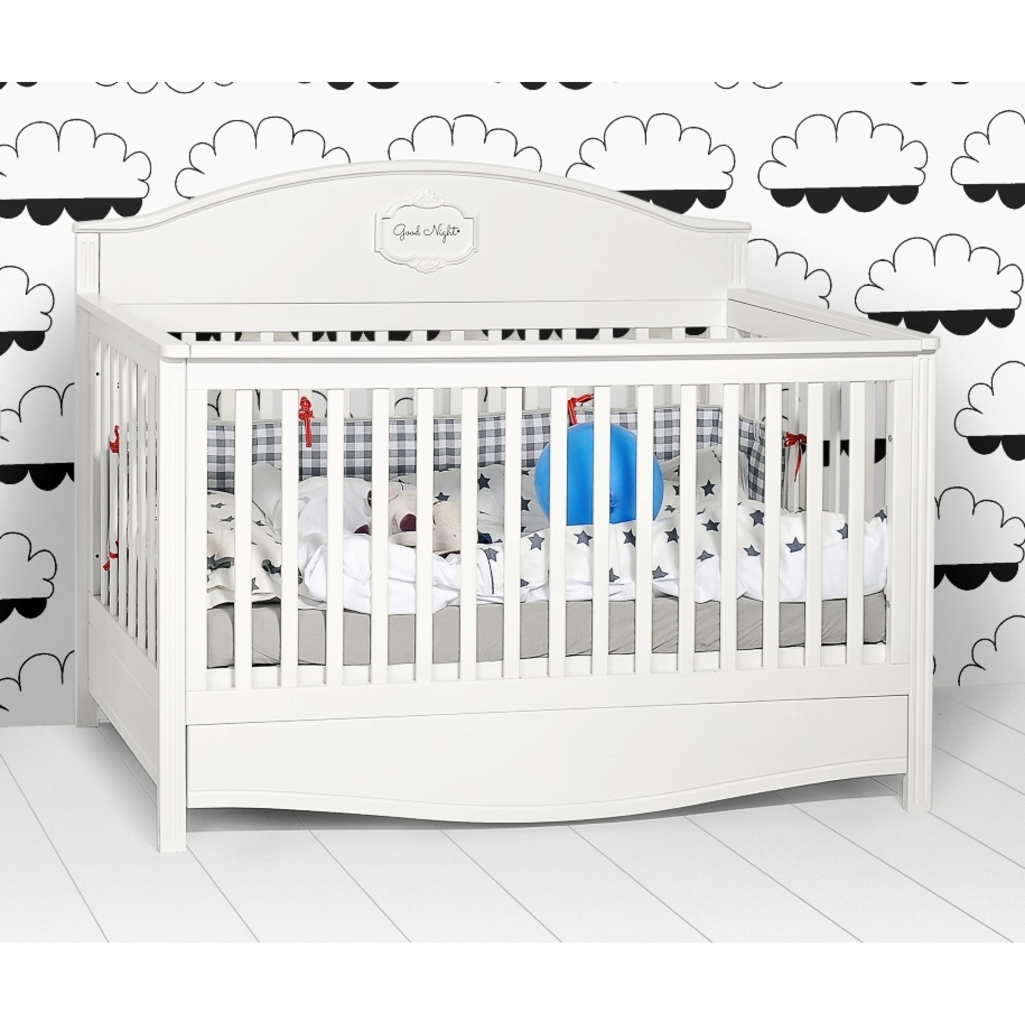 Patut bebe cu sertar, Lemn/MDF Alb, stil clasic-romantic, 140 x 70 cm, colectia GOOD NIGHT