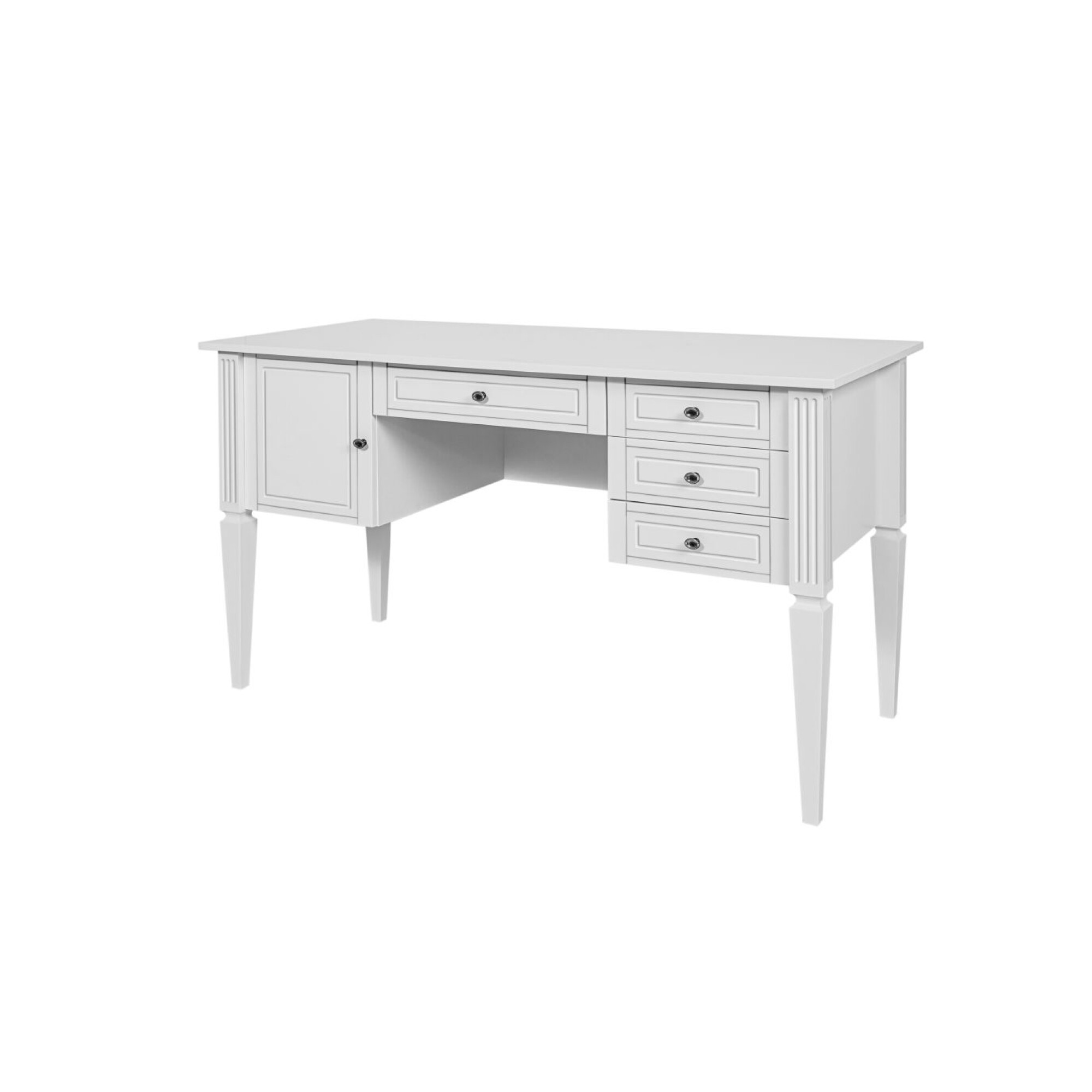 Birou elegant Alb, blat MDF 132x78 cm, picioare de lemn, 4 sertare, dulapior, stil clasic romantic, colectia INES 