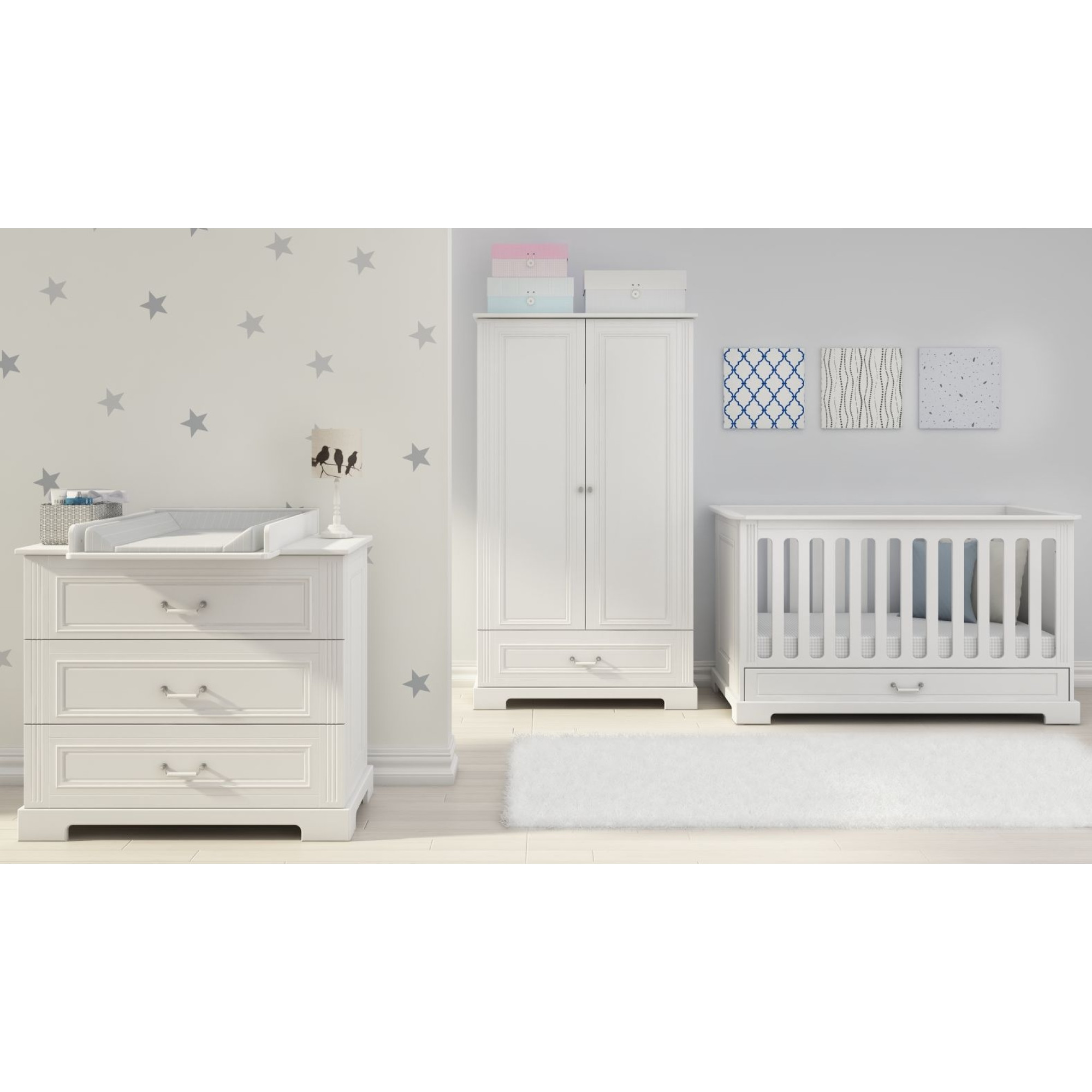 Patut bebe Alb, cu sertar, lemn/MDF, Stil Clasic-Romantic, 140 x 70 cm colectia INES