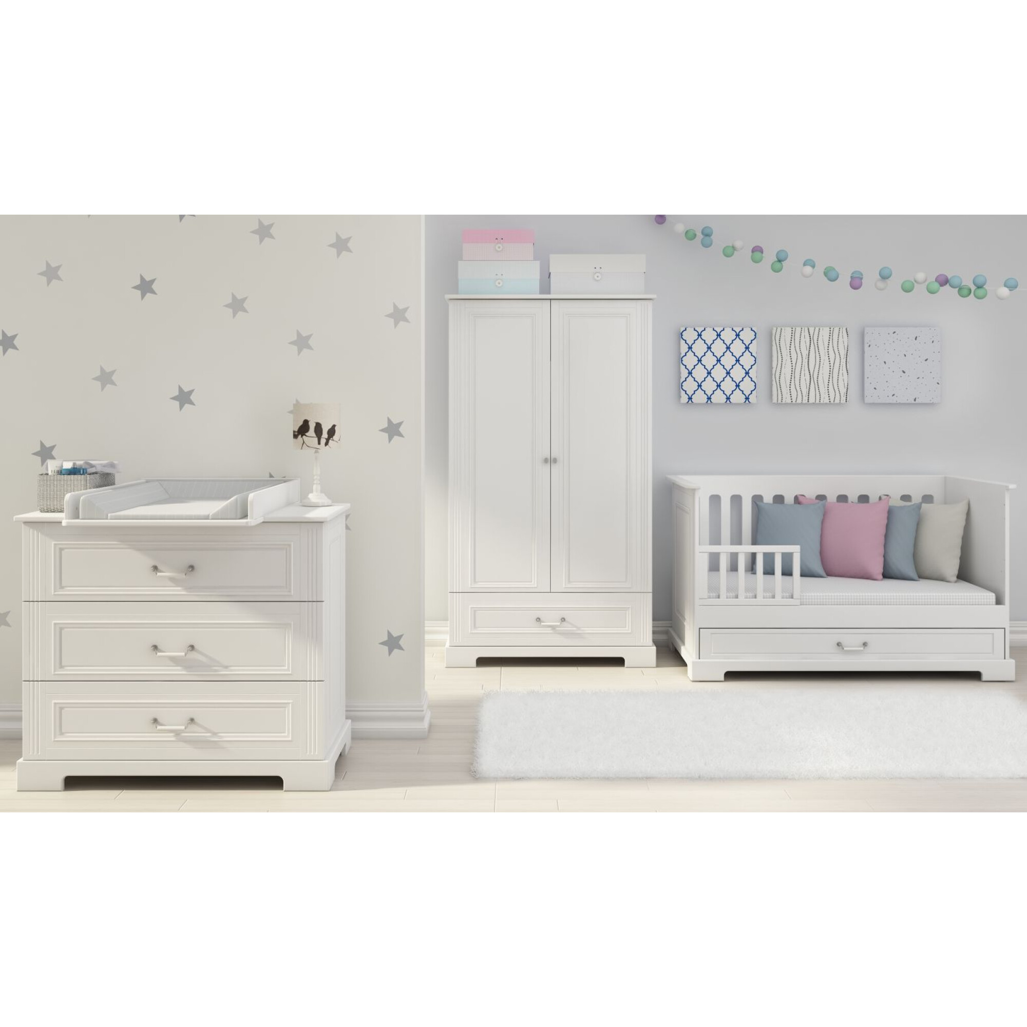 Set patut bebe, premium, transformabil, Ines alb, lemn/MDF si saltea 140 x 70 cm