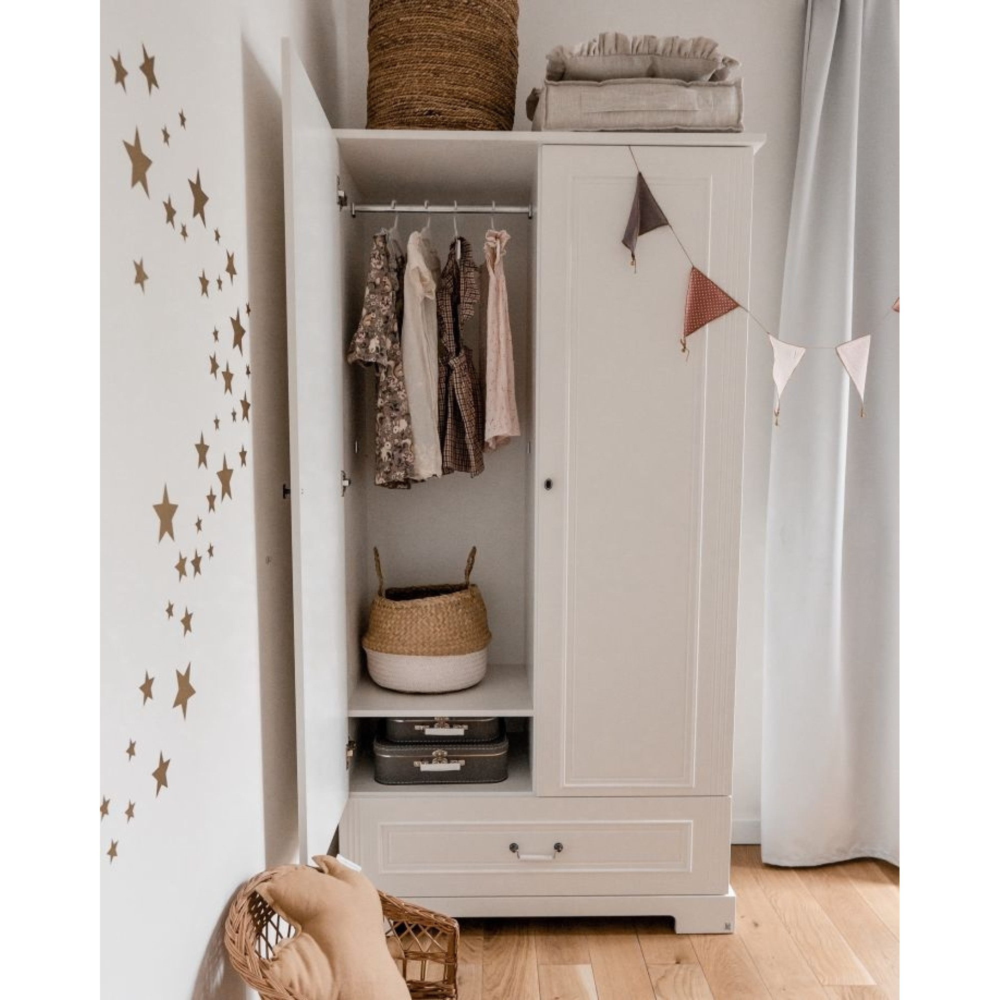 Dulap inalt 2 usi, 1 sertar, MDF, Alb, stil clasic-romantic 193x102 cm, colectia INES