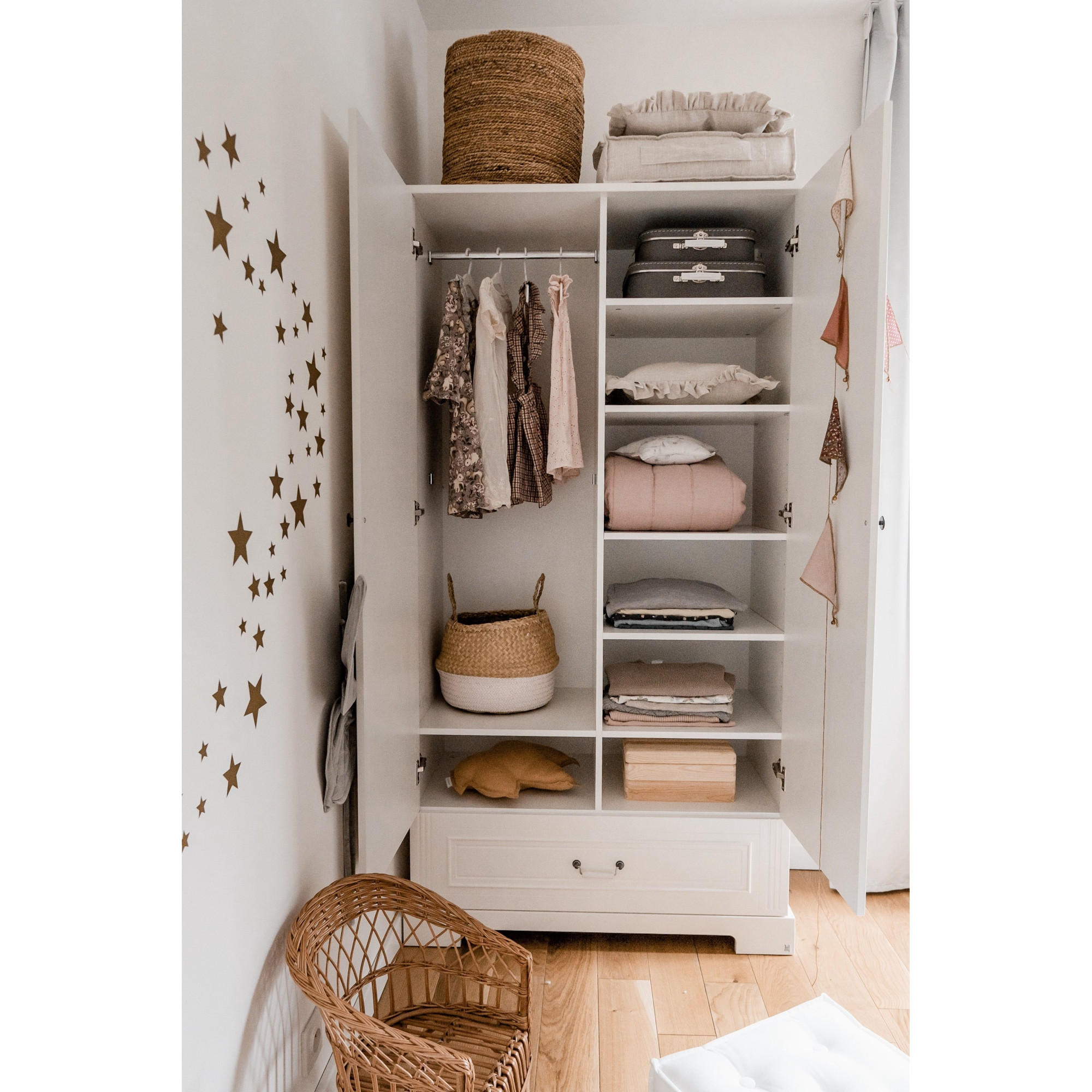 Dulap inalt 2 usi, 1 sertar, MDF, Alb, stil clasic-romantic 193x102 cm, colectia INES