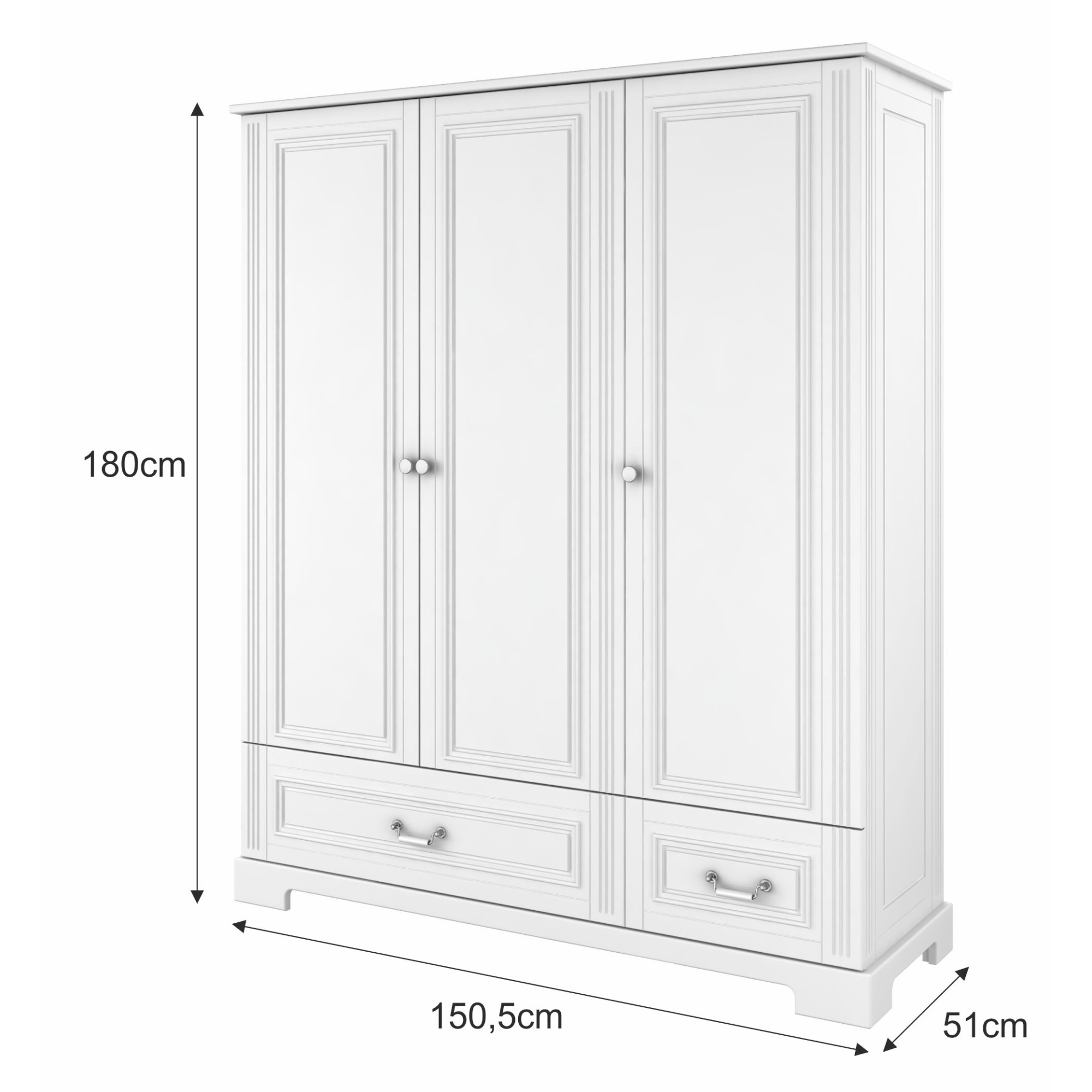 Dulap 3 usi, 2 sertare, MDF, Alb, stil clasic-romantic 180x150 cm, colectia INES