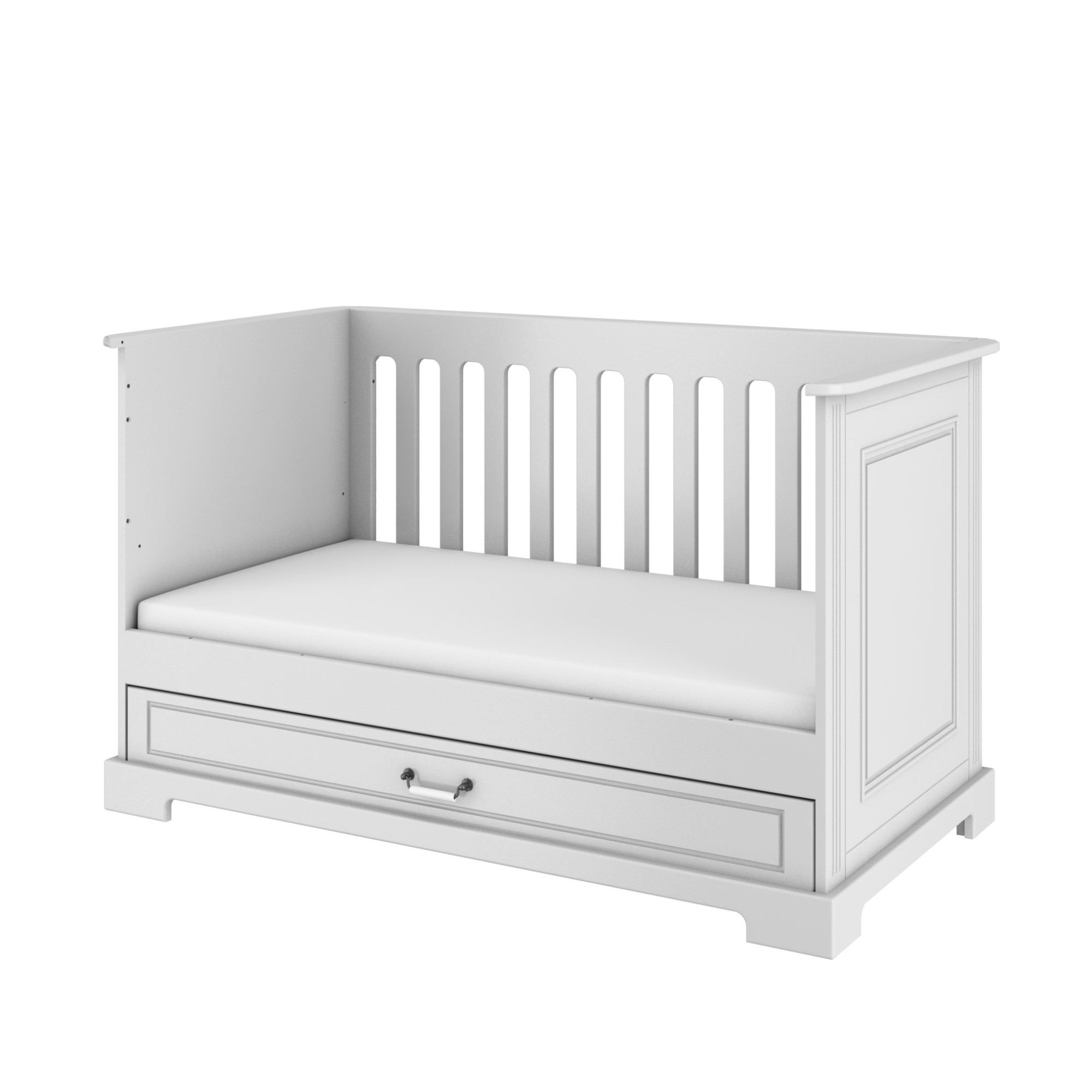 Patut bebe Alb, cu sertar, lemn/MDF, Stil Clasic-Romantic, 140 x 70 cm colectia INES