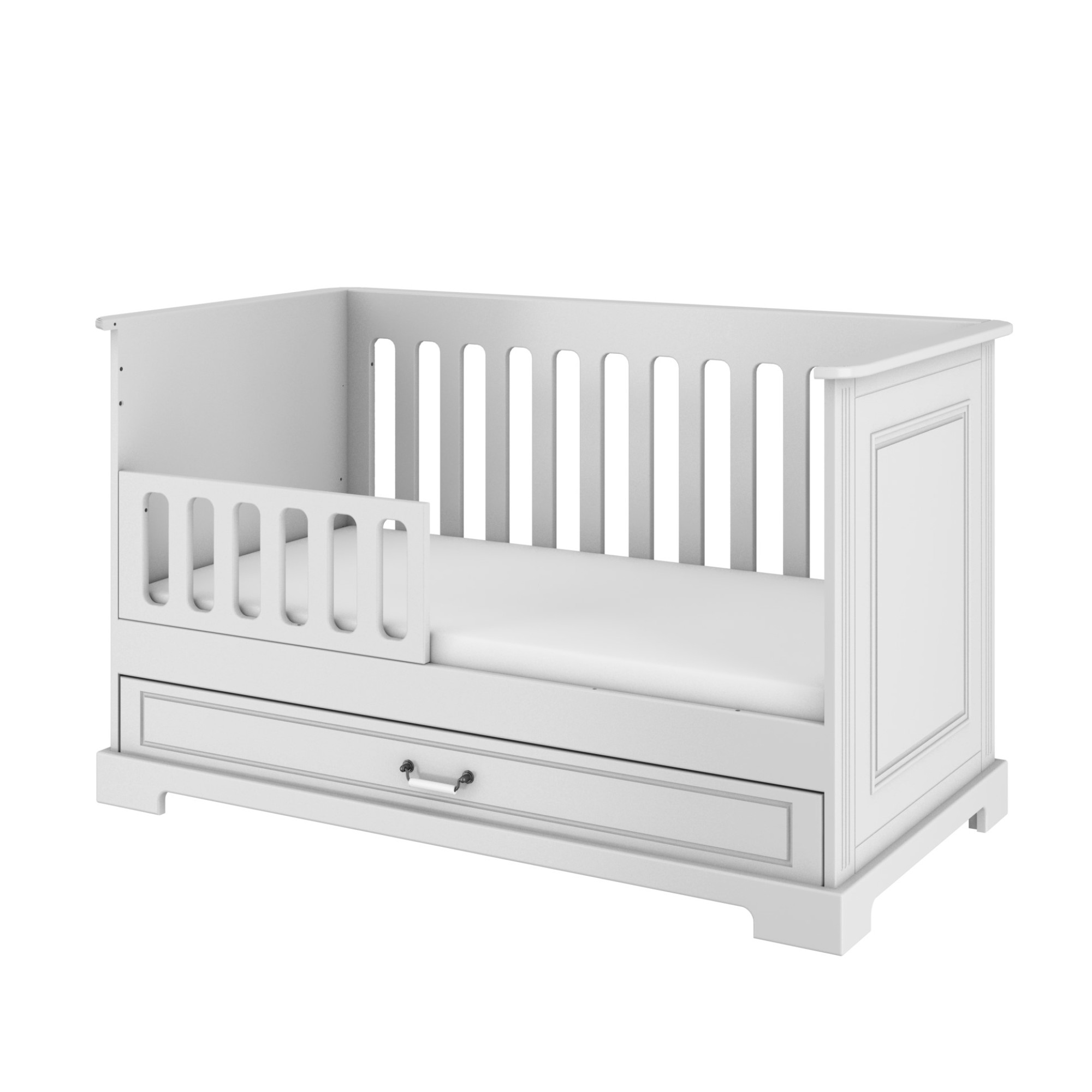 Patut bebe Alb, cu sertar, lemn/MDF, Stil Clasic-Romantic, 140 x 70 cm colectia INES
