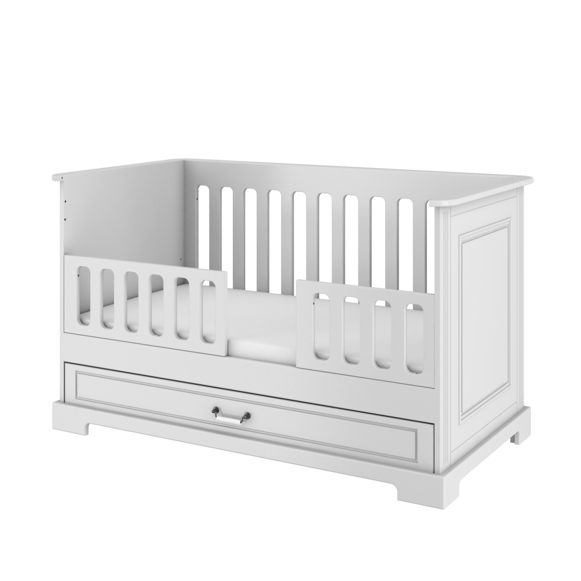 Patut bebe Alb, cu sertar, lemn/MDF, Stil Clasic-Romantic, 140 x 70 cm colectia INES