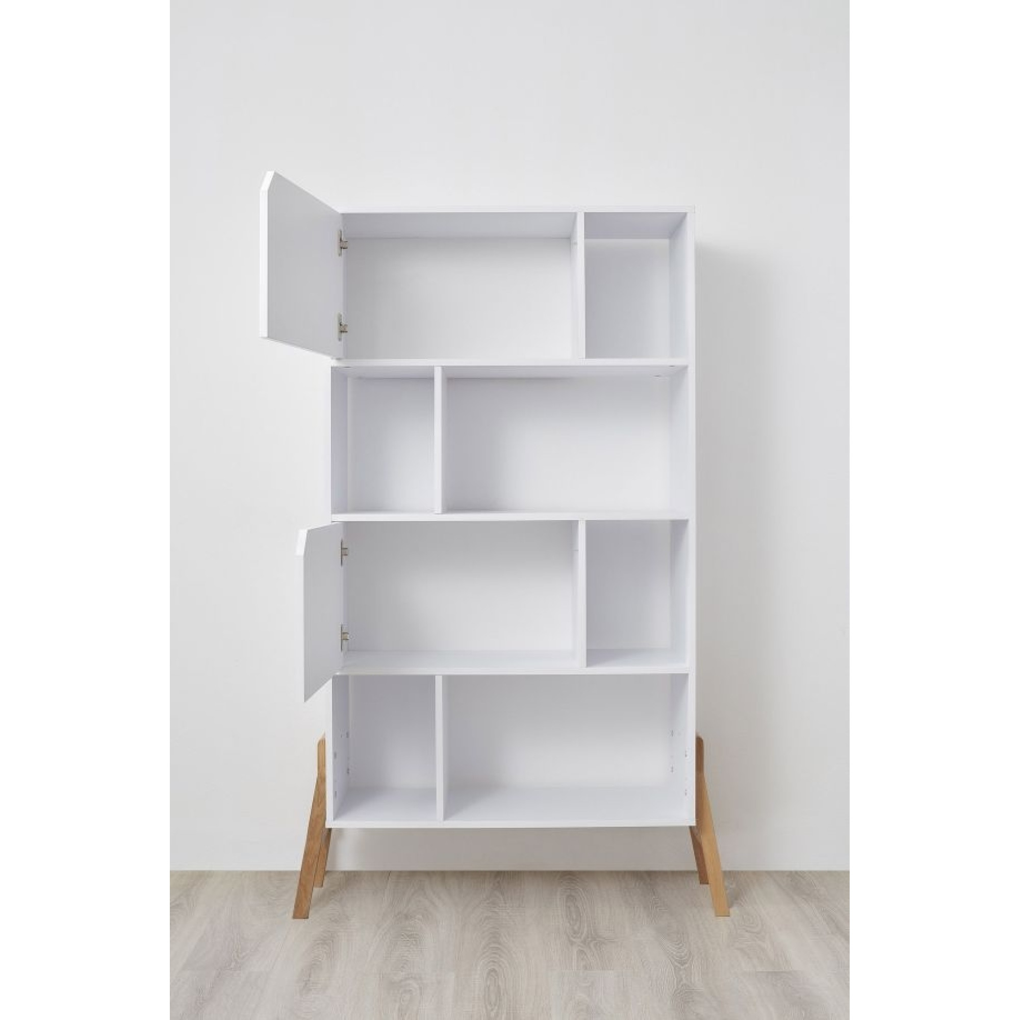 Biblioteca 4 rafturi, 2 dulapioare, PAL, picioare de lemn stejar, Alb, 167x103 cm, stil scandinav, colectia LOTTA