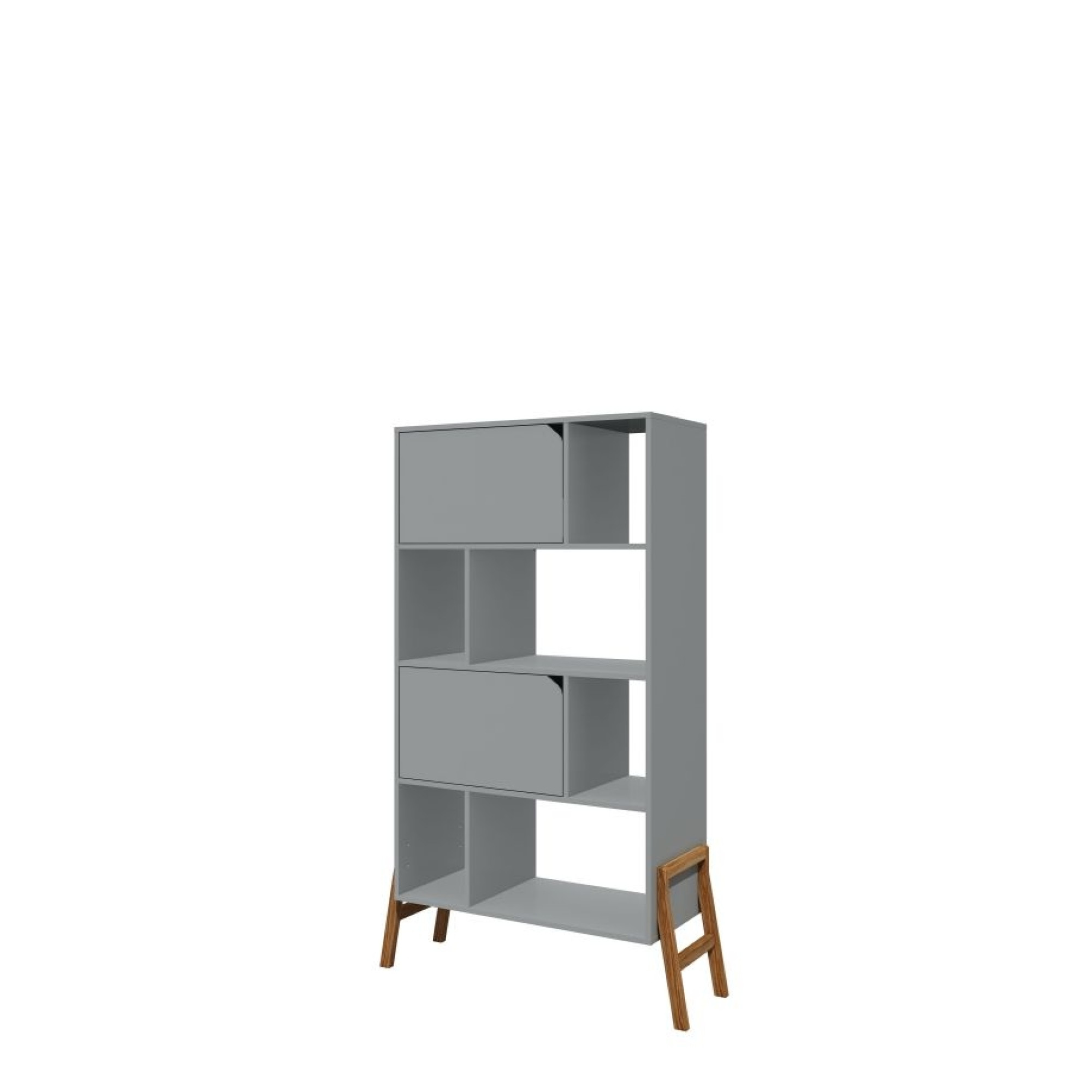 Biblioteca 4 rafturi, 2 dulapioare, PAL, picioare de lemn stejar, Gri, 167x103 cm, stil scandinav, colectia LOTTA