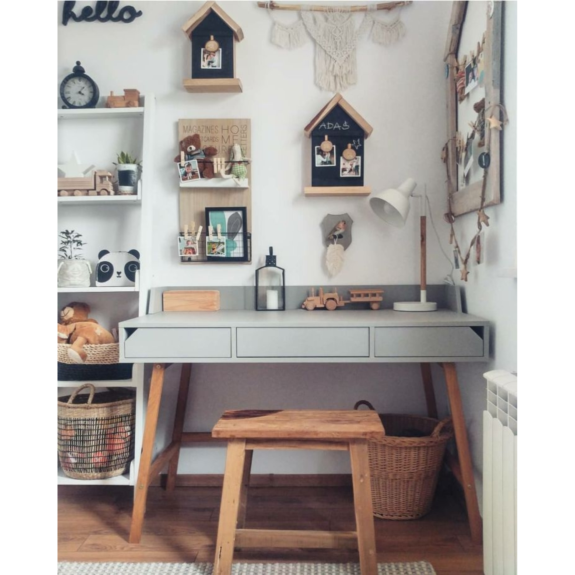 Birou LOTTA Gri, 2 sertare, blat 120x60 cm, picioare lemn de stejar, stil scandinav,