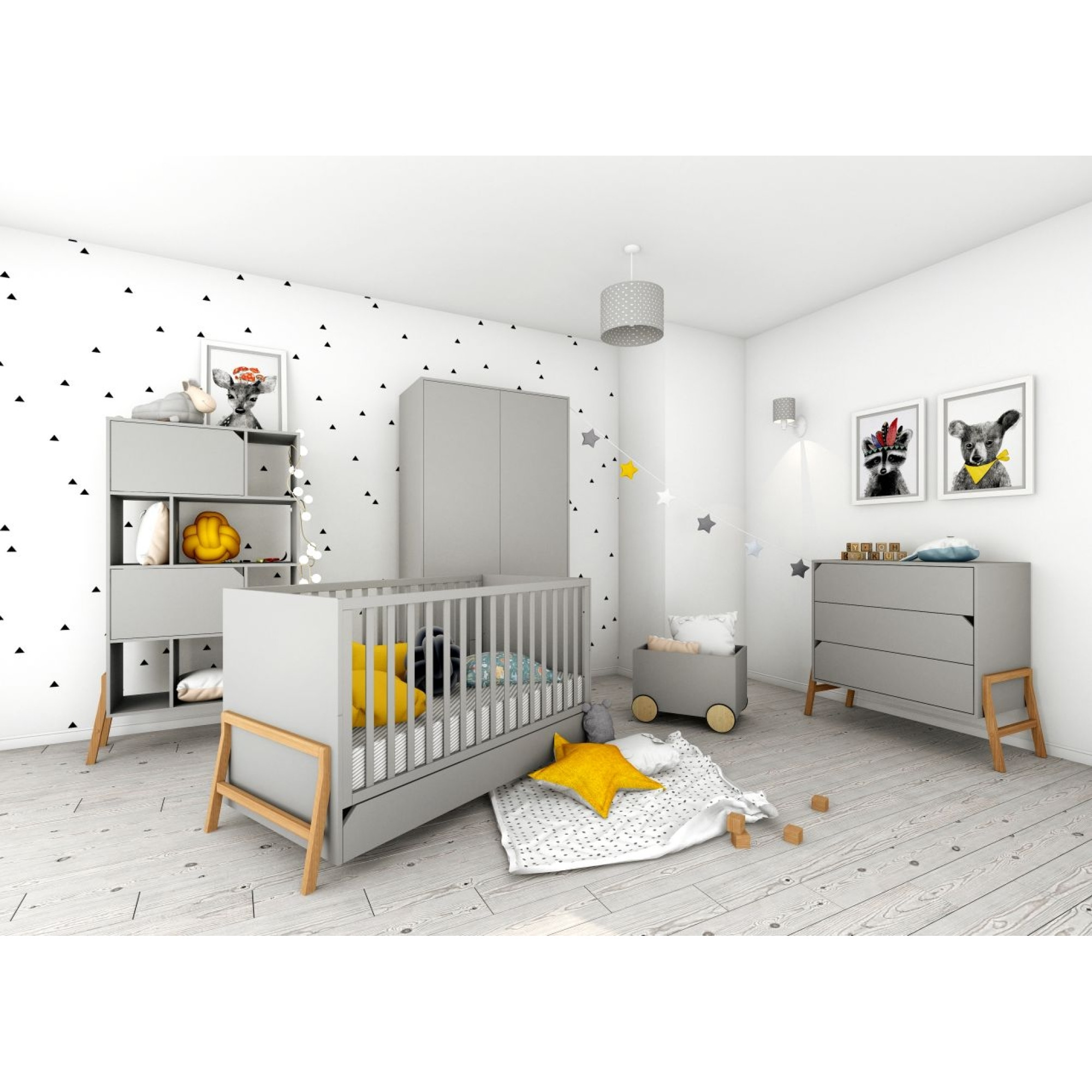 Comoda 3 sertare, PAL, picioare lemn stejar, Gri, stil scandiva, colectia LOTTA