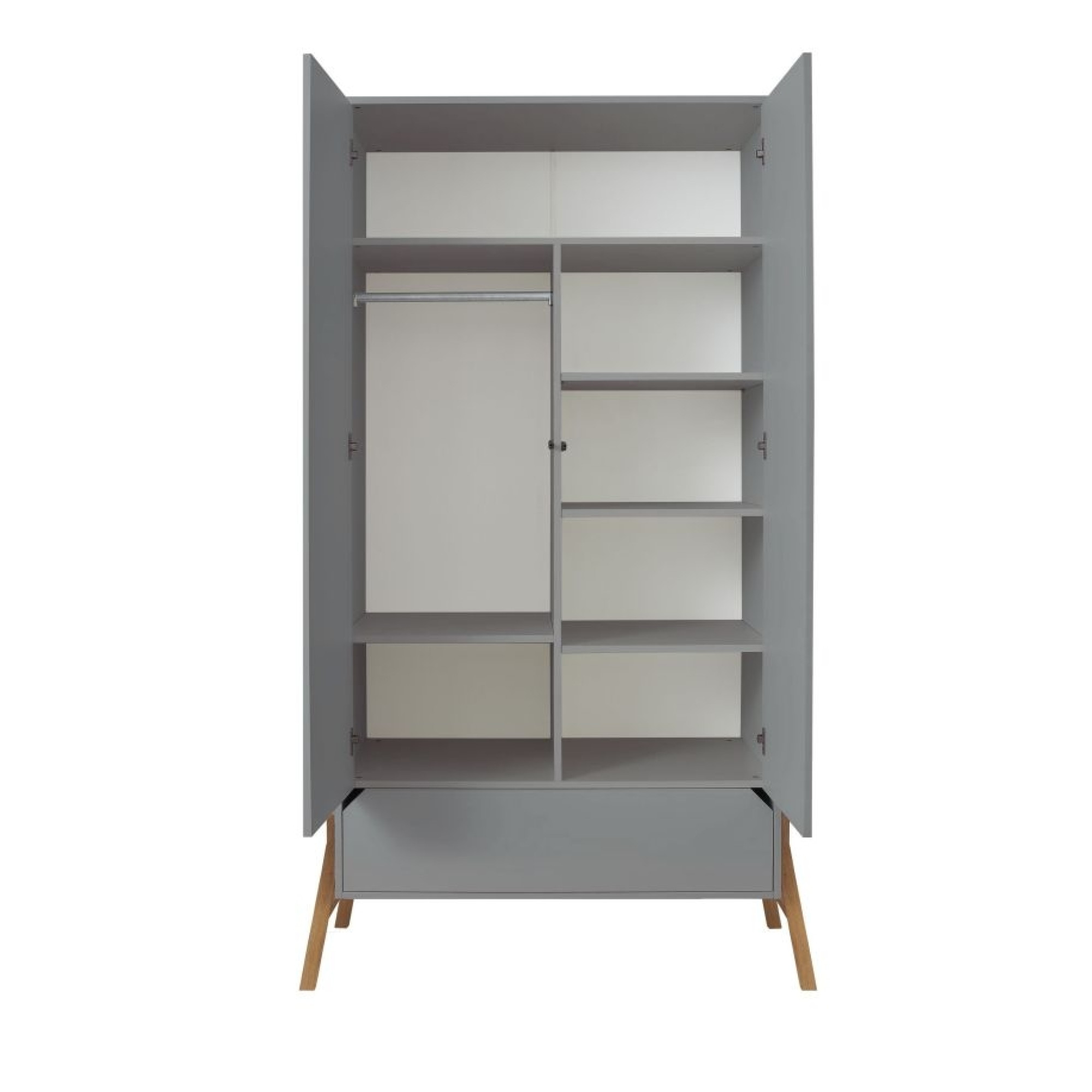 Dulap 2 usi, 1 sertar, PAL, picioare lemn de stejar, Gri, stil scandinav, 200x100 cm, colectia LOTTA