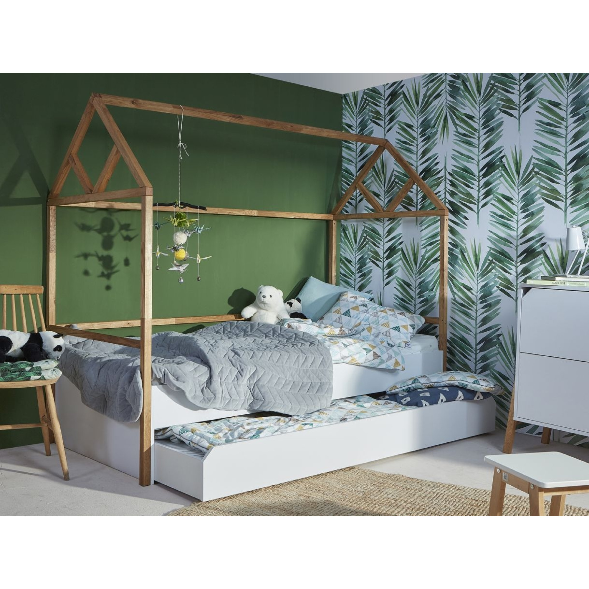 Pat tip casa cu sertar, Lemn de stejar, stil scandinav Alb, 90x200 cm, colectia LOTTA
