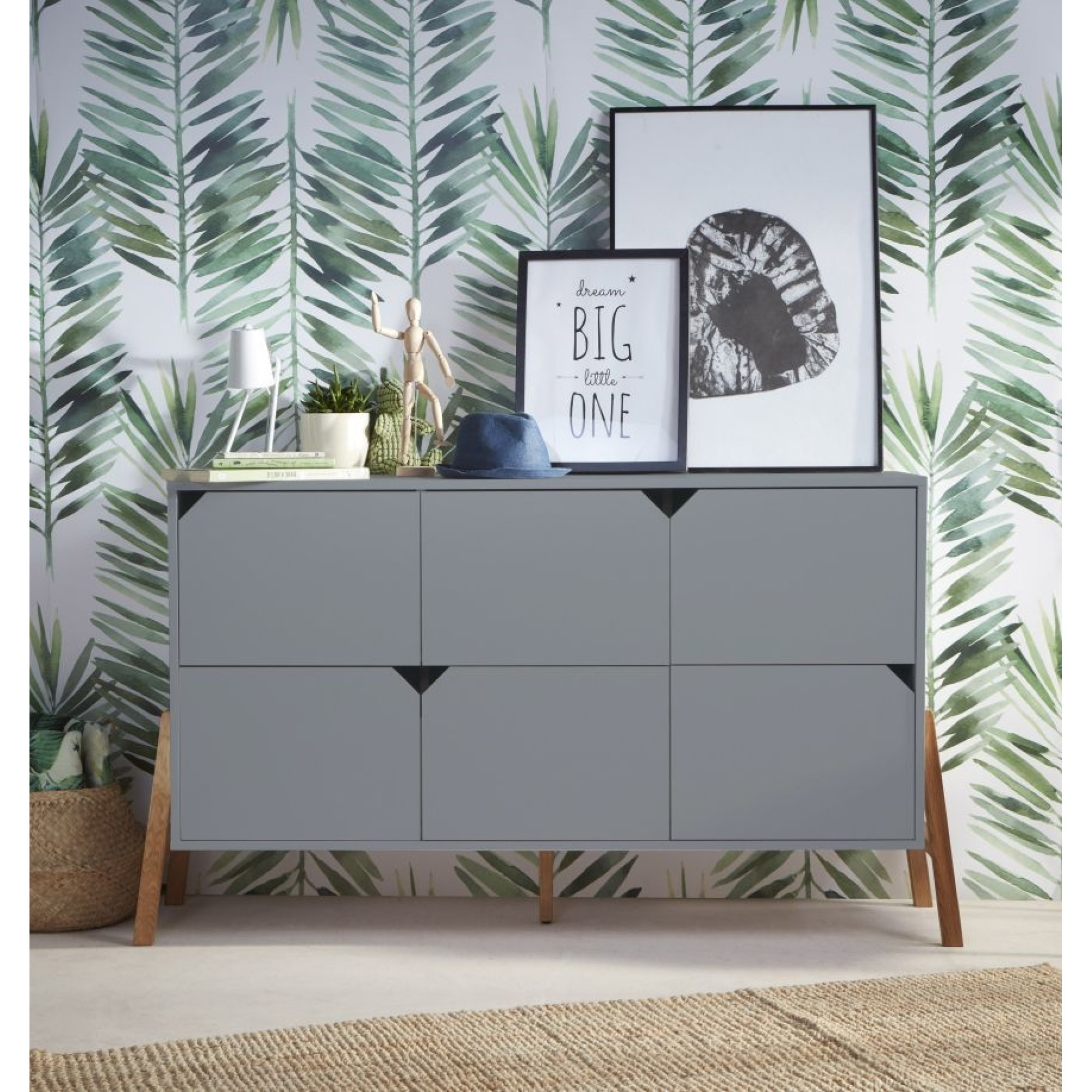 Comoda 6 sertare, PAL cu picioare din lemn de stejar, Gri, stil scandinav, colectia LOTTA