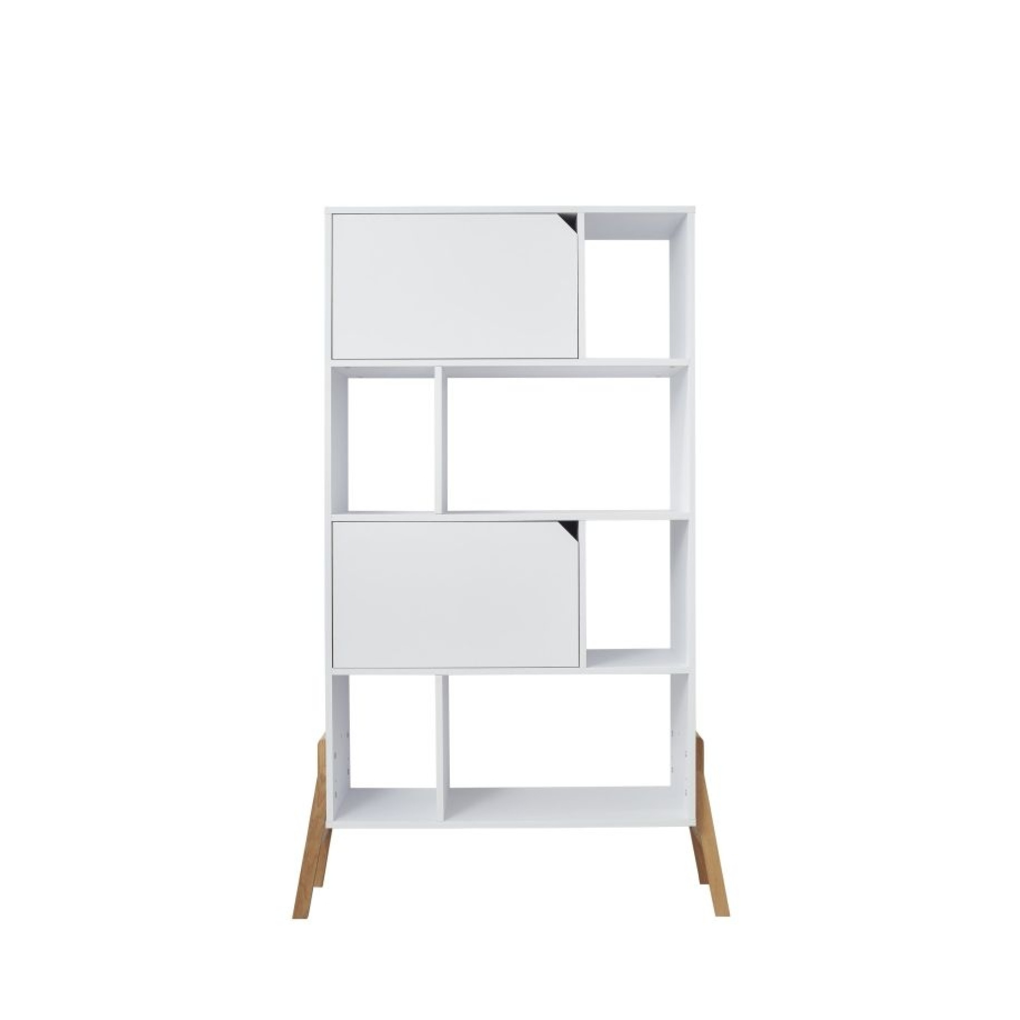 Biblioteca 4 rafturi, 2 dulapioare, PAL, picioare de lemn stejar, Alb, 167x103 cm, stil scandinav, colectia LOTTA