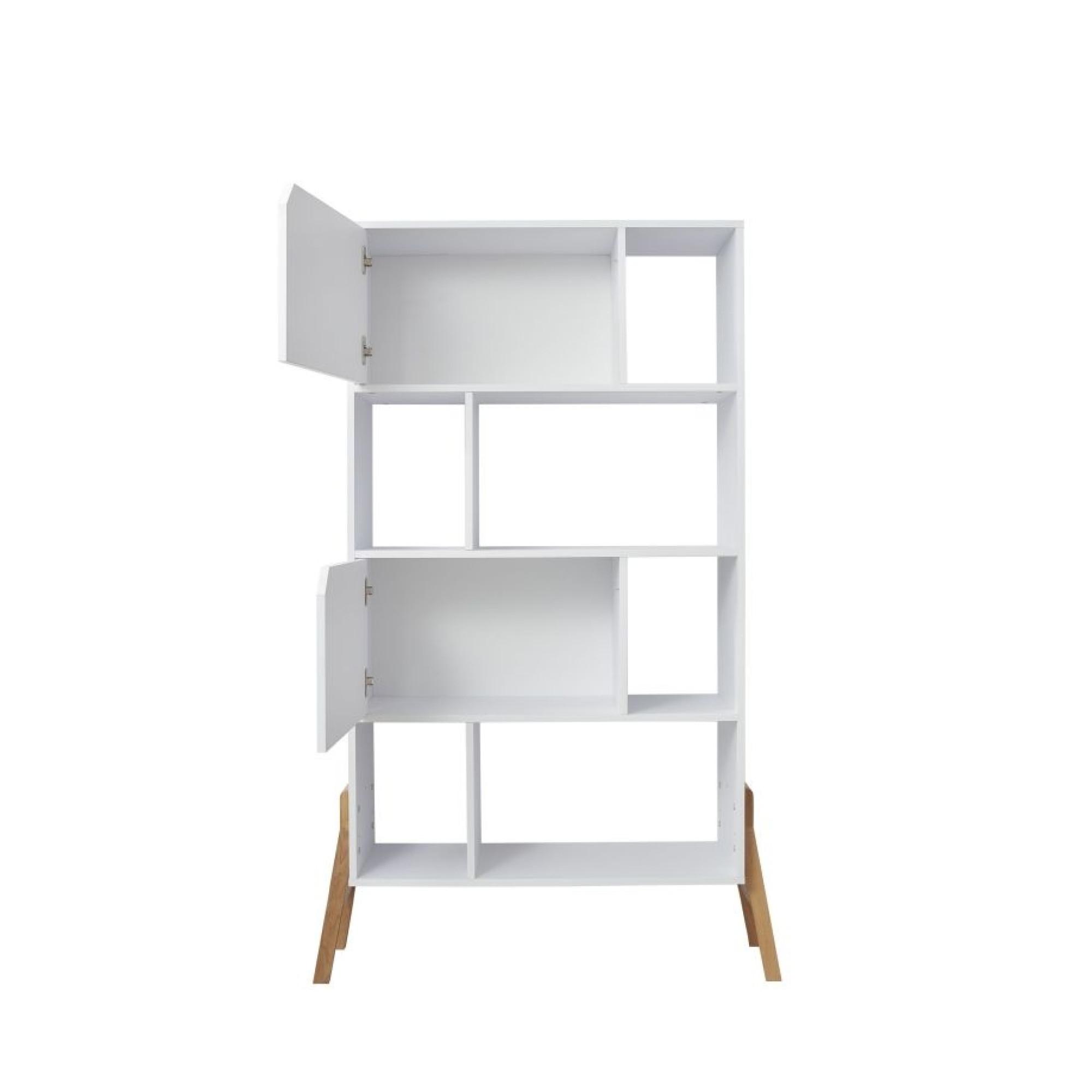 Biblioteca 4 rafturi, 2 dulapioare, PAL, picioare de lemn stejar, Alb, 167x103 cm, stil scandinav, colectia LOTTA
