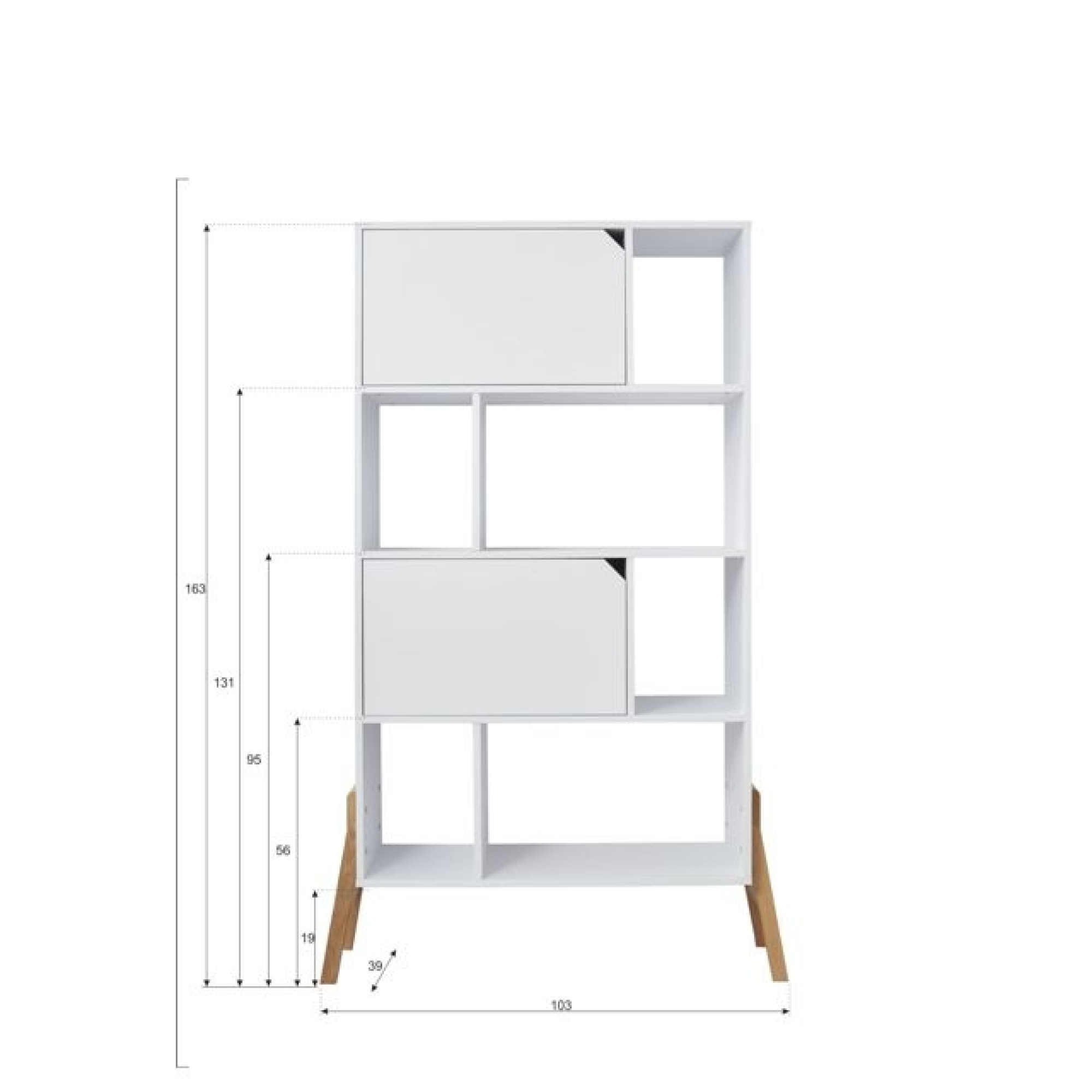 Biblioteca 4 rafturi, 2 dulapioare, PAL, picioare de lemn stejar, Gri, 167x103 cm, stil scandinav, colectia LOTTA