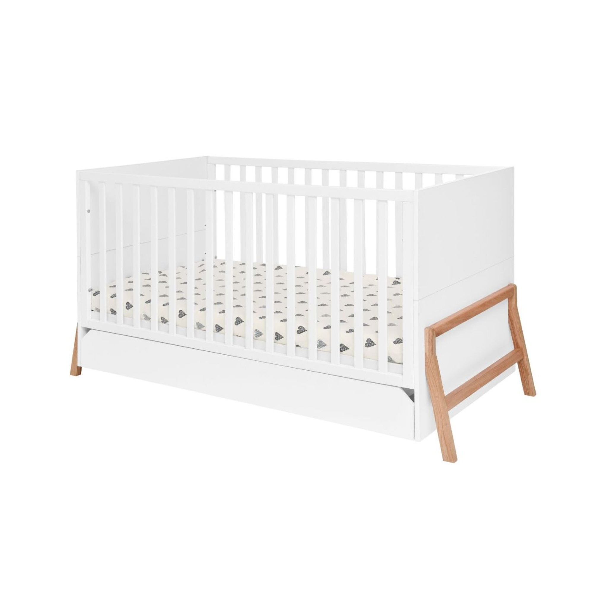 Patut bebe transformabil, cu sertar, lemn/MDF, Alb, stil scandinav, 140 x 70 cm, colectia LOTTA