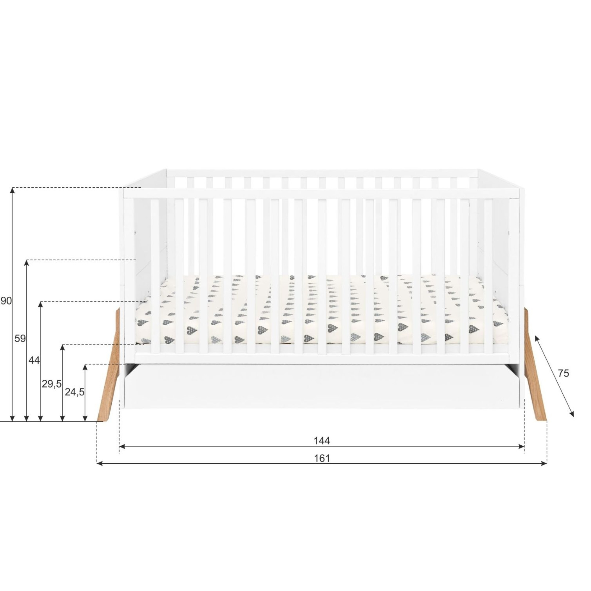 Patut bebe transformabil, cu sertar, lemn/MDF, Gri, stil scandinav, 140 x 70 cm, colectia LOTTA