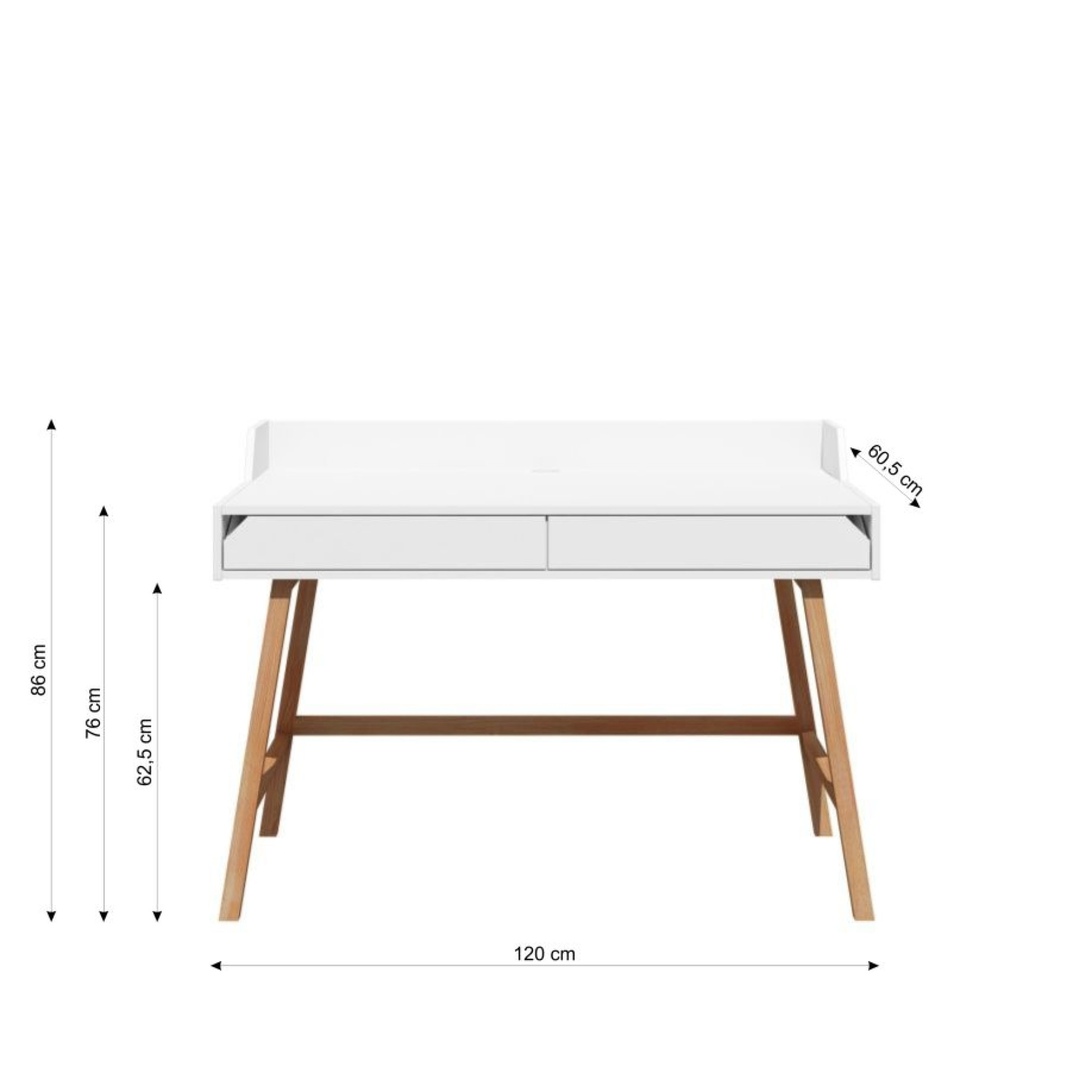 Birou LOTTA Alb, 2 sertare, blat 120x60 cm, picioare lemn de stejar, stil scandinav,