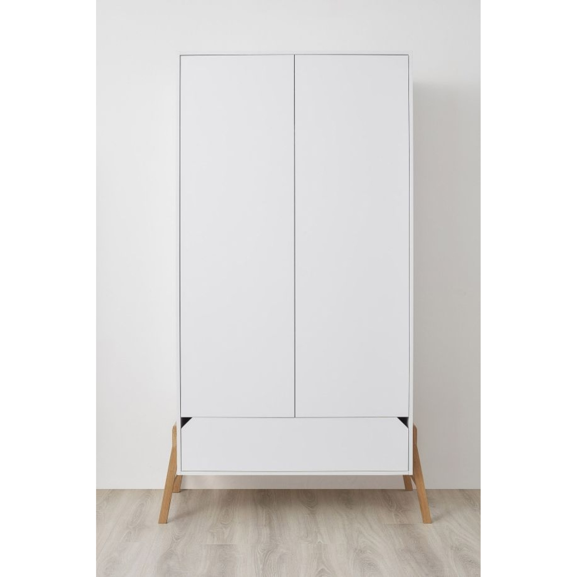 Dulap 2 usi, 1 sertar, PAL, picioare lemn de stejar, Alb, stil scandinav, 200x100 cm, colectia LOTTA