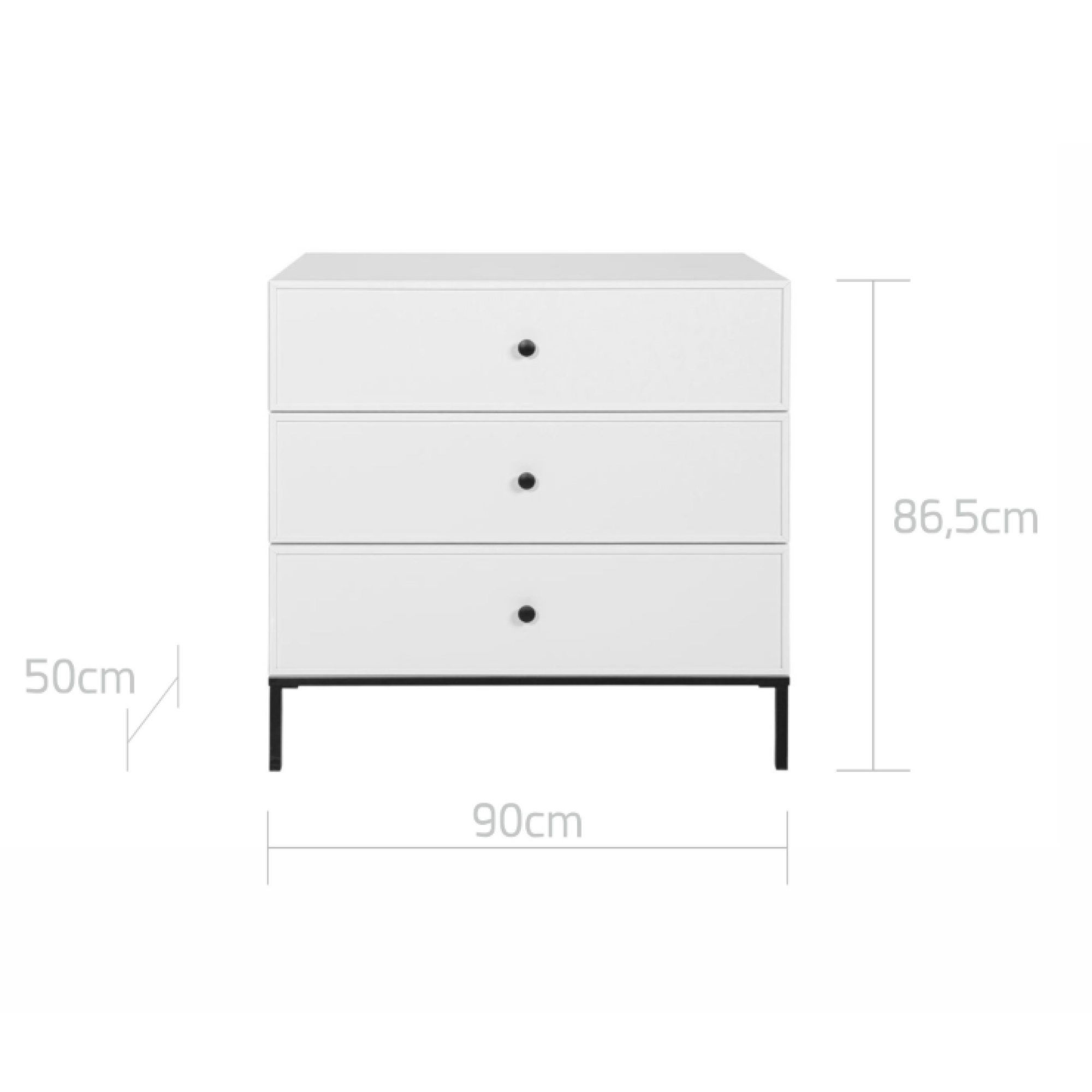 Comoda 3 sertare, Lumi, MDF cu picioare metalice, ALB
