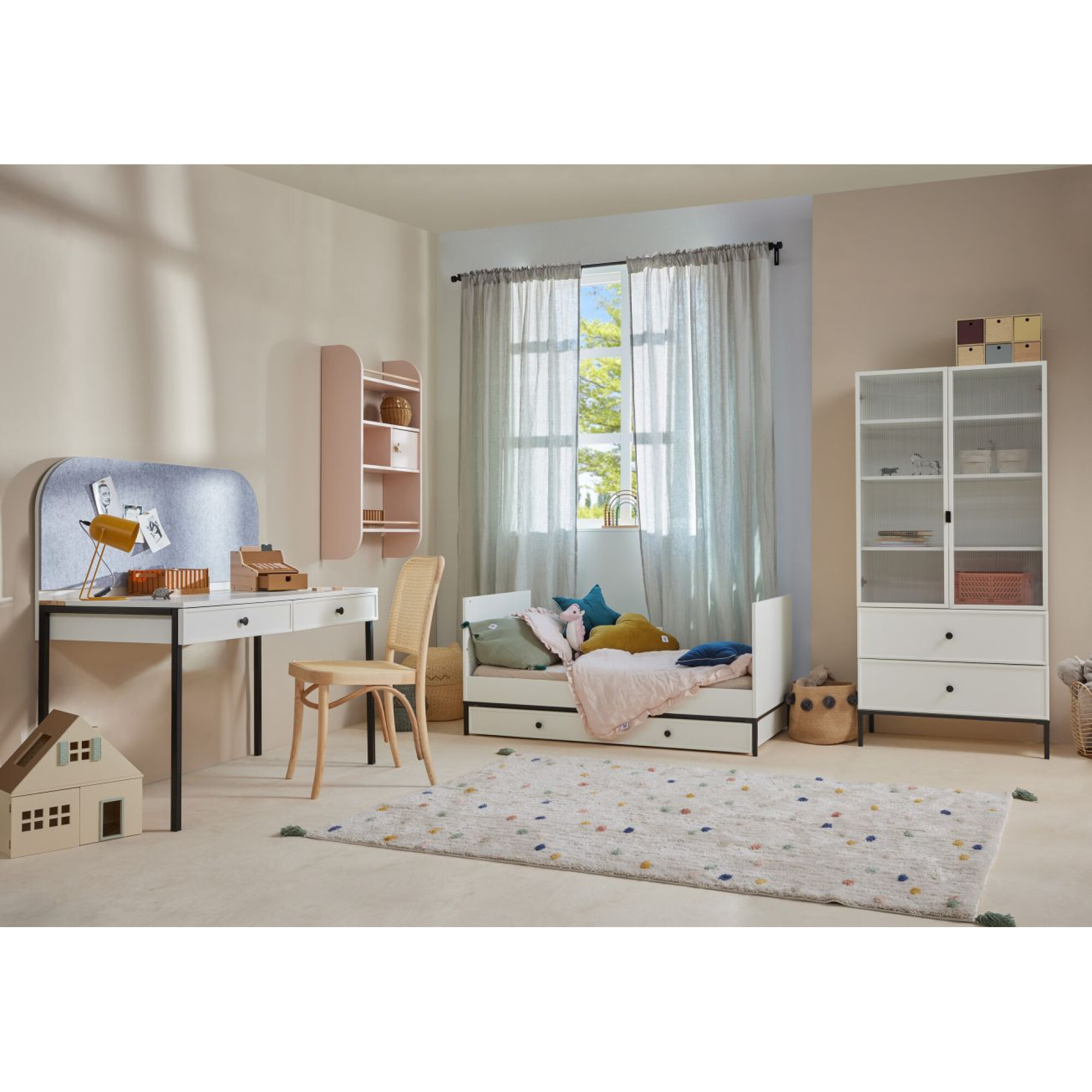 Biblioteca 3 rafturi cu 2 usi, 2 sertare, Lumi, MDF/picioare metalice, ALB, 170x80 cm