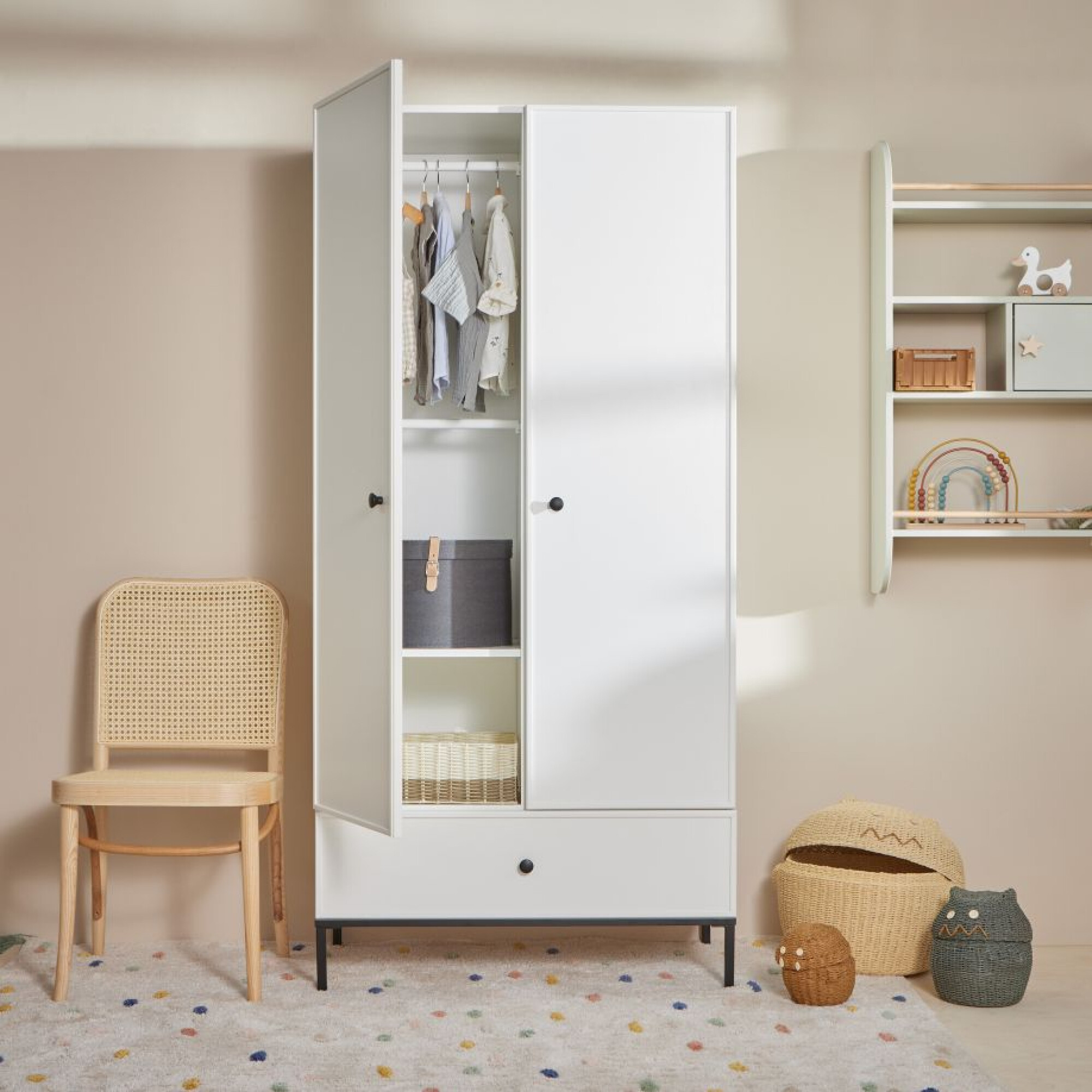 Dulap 2 usi cu sertar, Lumi, MDF/picioare metalice, ALB, 190x90 cm