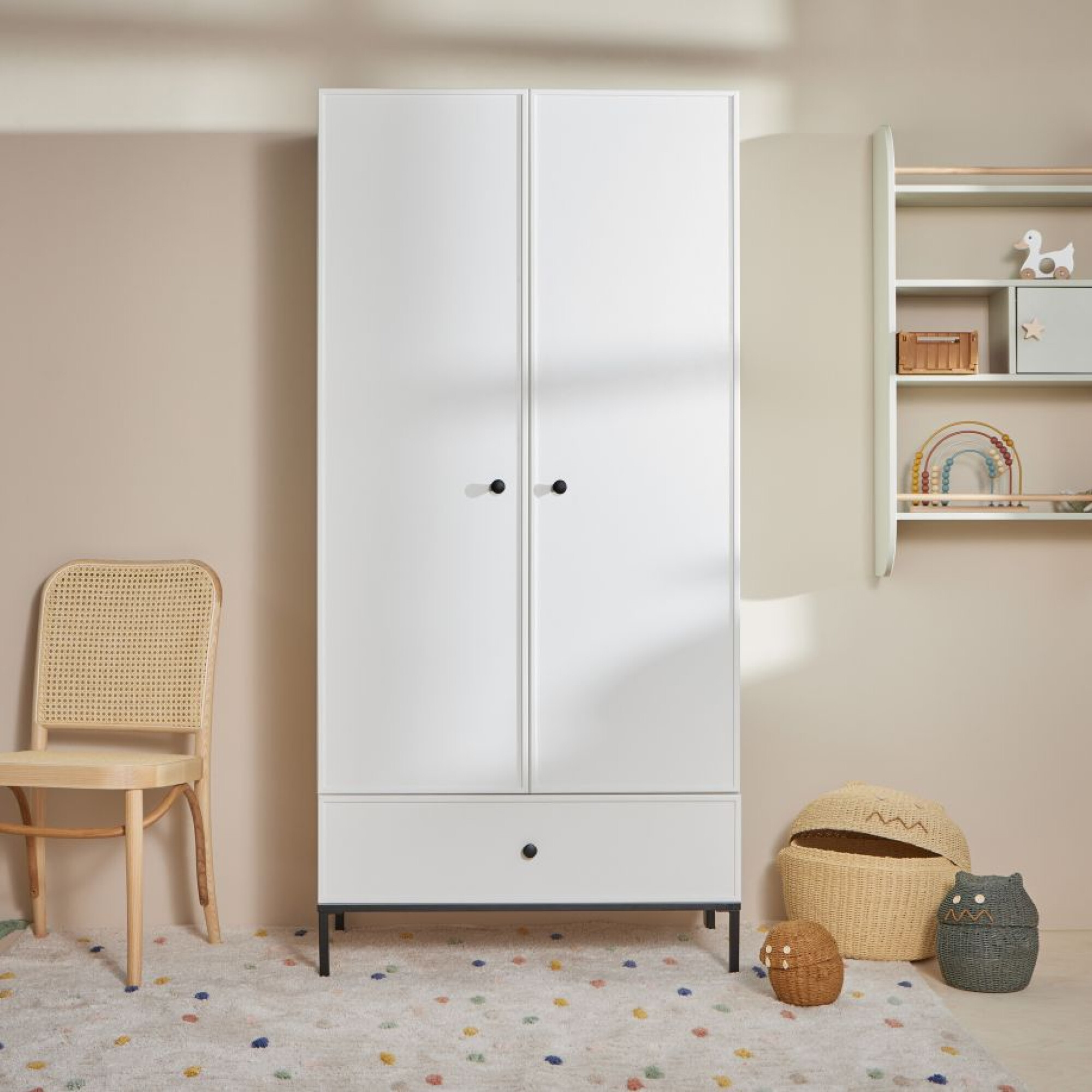 Dulap 2 usi cu sertar, Lumi, MDF/picioare metalice, ALB, 190x90 cm