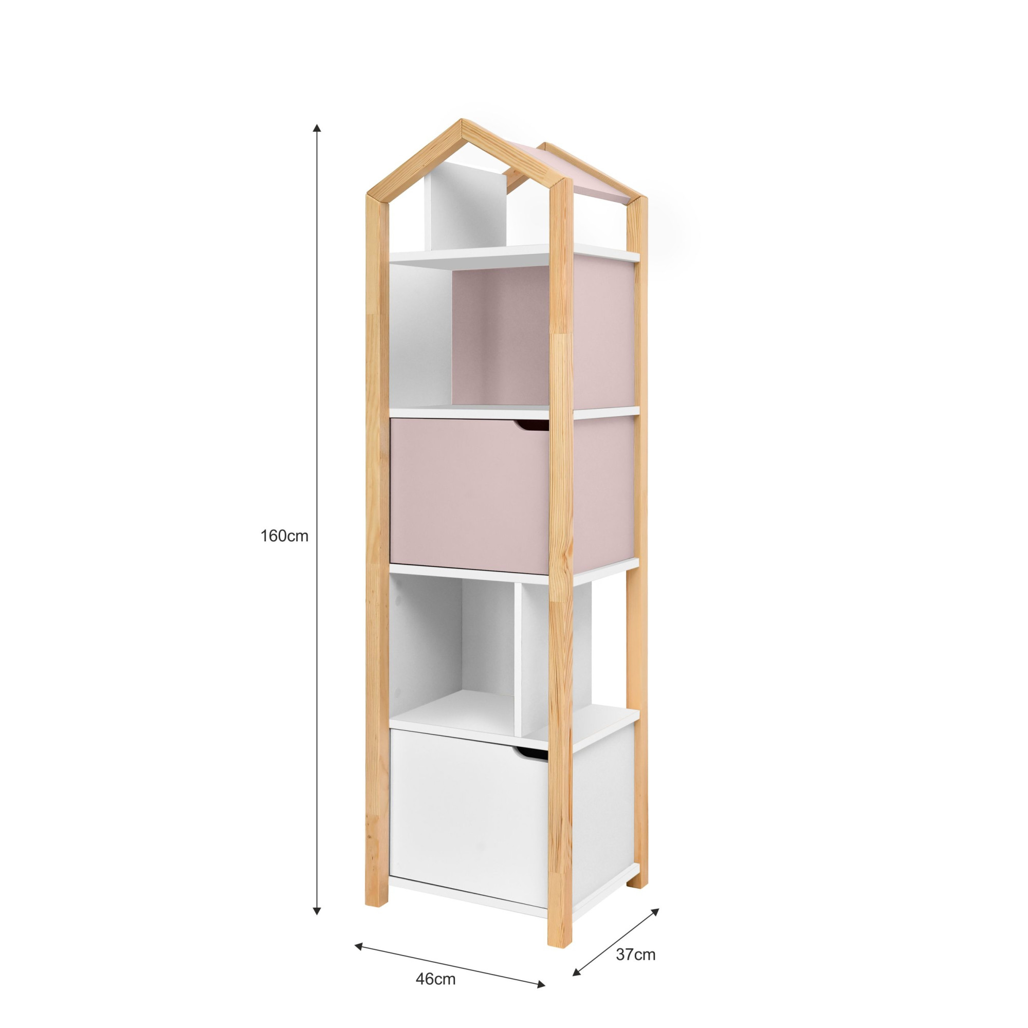 Biblioteca Montessori Joey, tip casuta, cu 3 rafturi, 2 dulapioare, lemn de pin, ROZ, colectia TATAM, 160x46 cm
