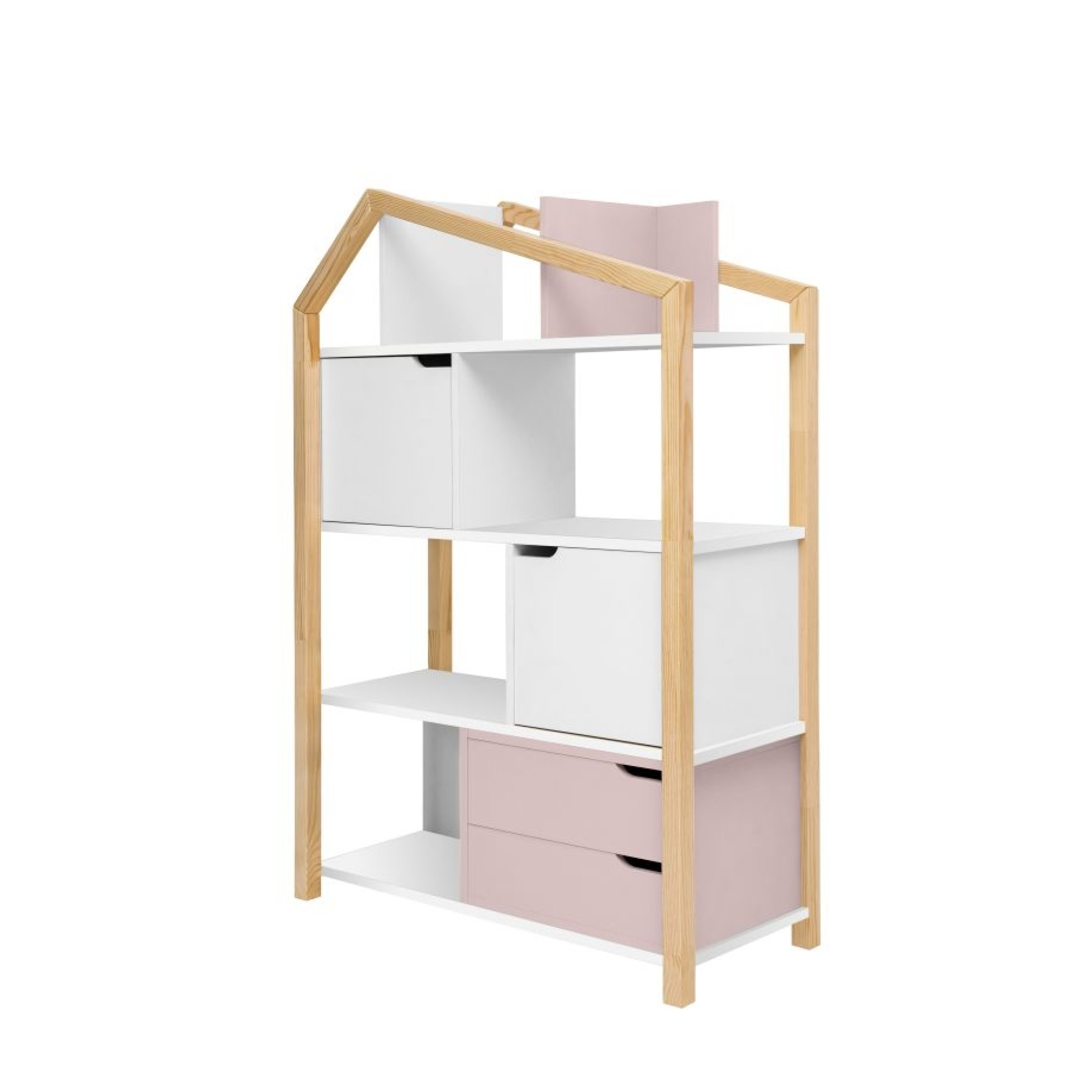 Biblioteca Montessori Kaya, tip casuta, cu 3 rafturi, 2 dulapioare, 2 sertare, lemn de pin, Roz, colectia TATAM, 130x90 cm