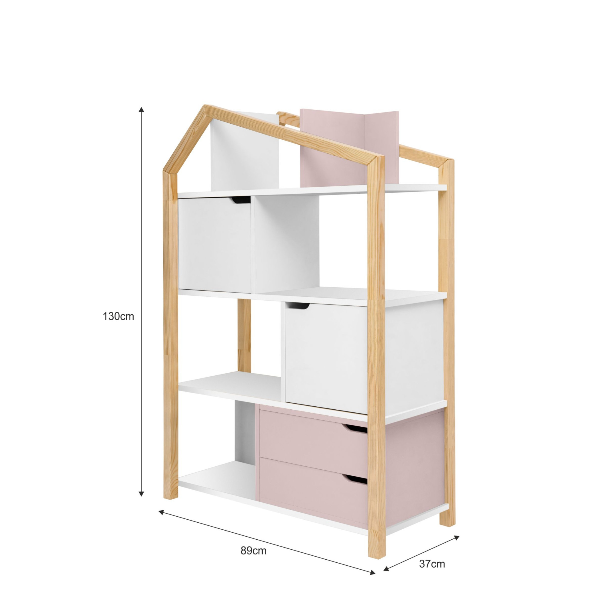 Biblioteca Montessori Kaya, tip casuta, cu 3 rafturi, 2 dulapioare, 2 sertare, lemn de pin, Roz, colectia TATAM, 130x90 cm