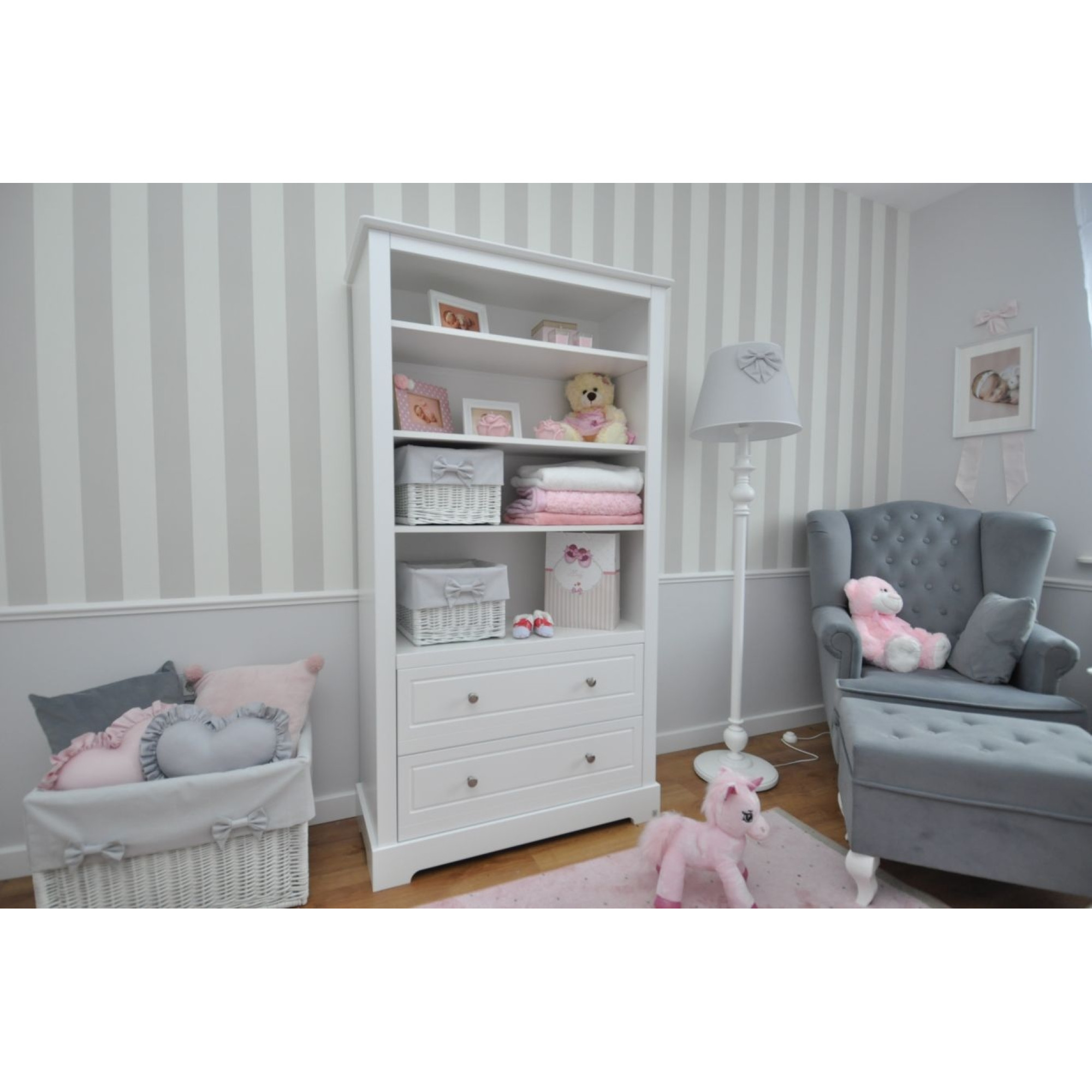Biblioteca 4 rafturi, 2 sertare, MDF, Alb, stil clasic-romantic, 174x95 cm, colectia Marylou