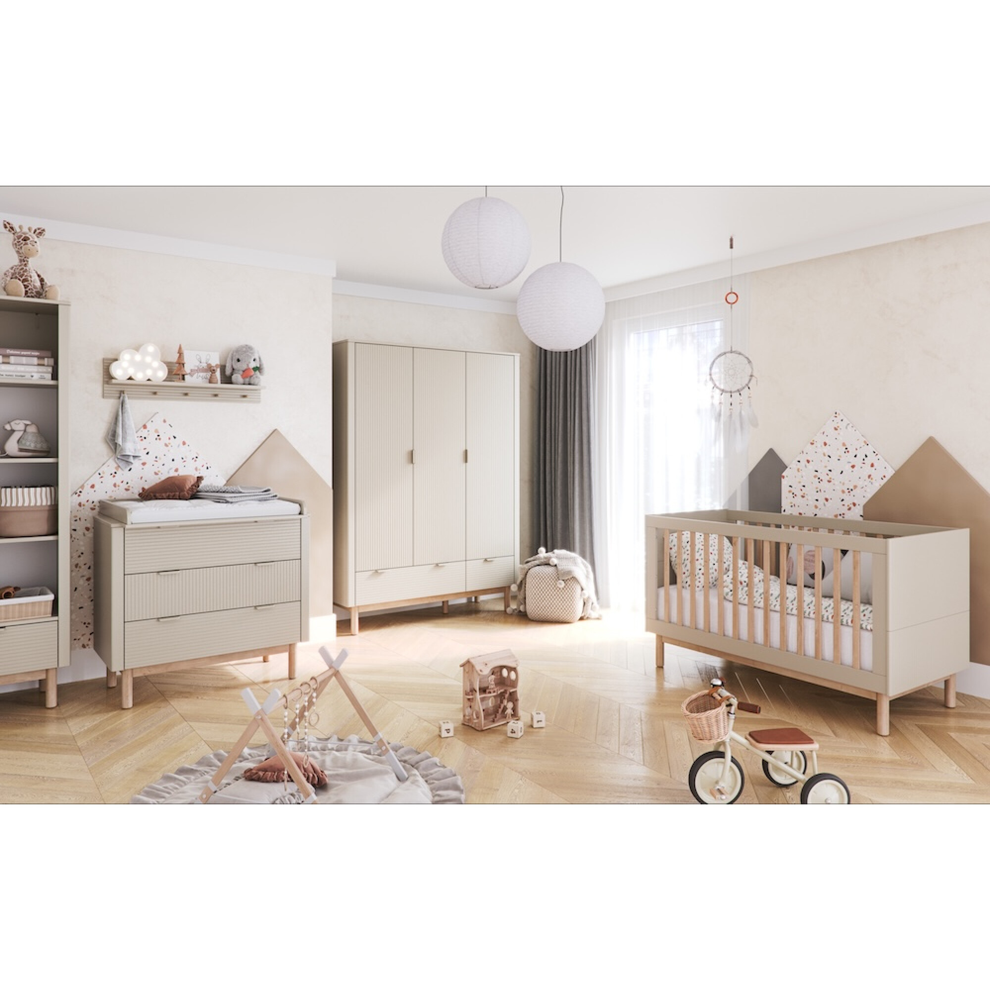 Dulap inalt cu 3 usi, 2 sertare, 200x145 cm din lemn masiv / MDF, colectia Miloo, champagne