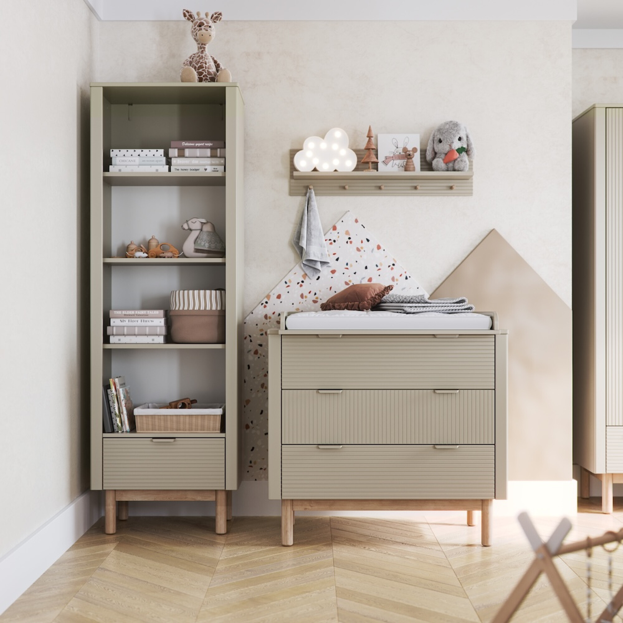 Biblioteca inalta 200 cm, 4 rafturi, din lemn masiv / MDF, colectia Miloo, champagne
