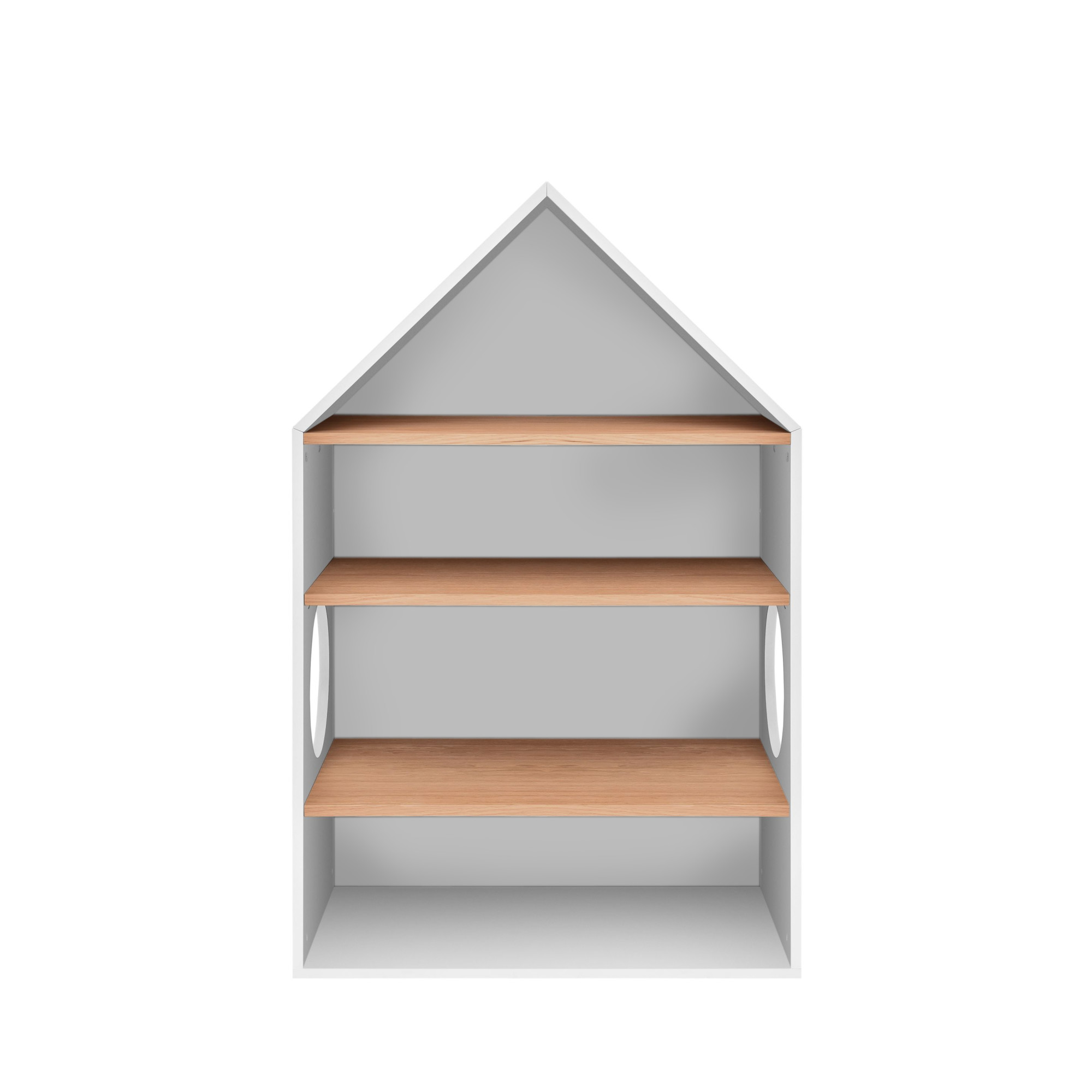 Biblioteca tip casuta, 3 rafturi din lemn de stejar, MDF, stil modern, colectia Nomi